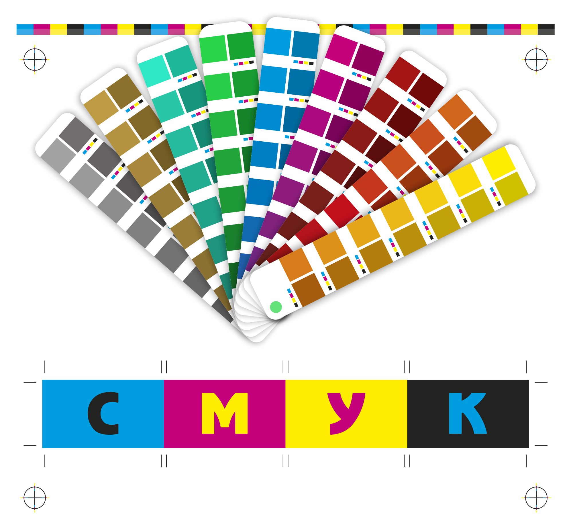 Printed color swatch fan above CMYK color blocks.