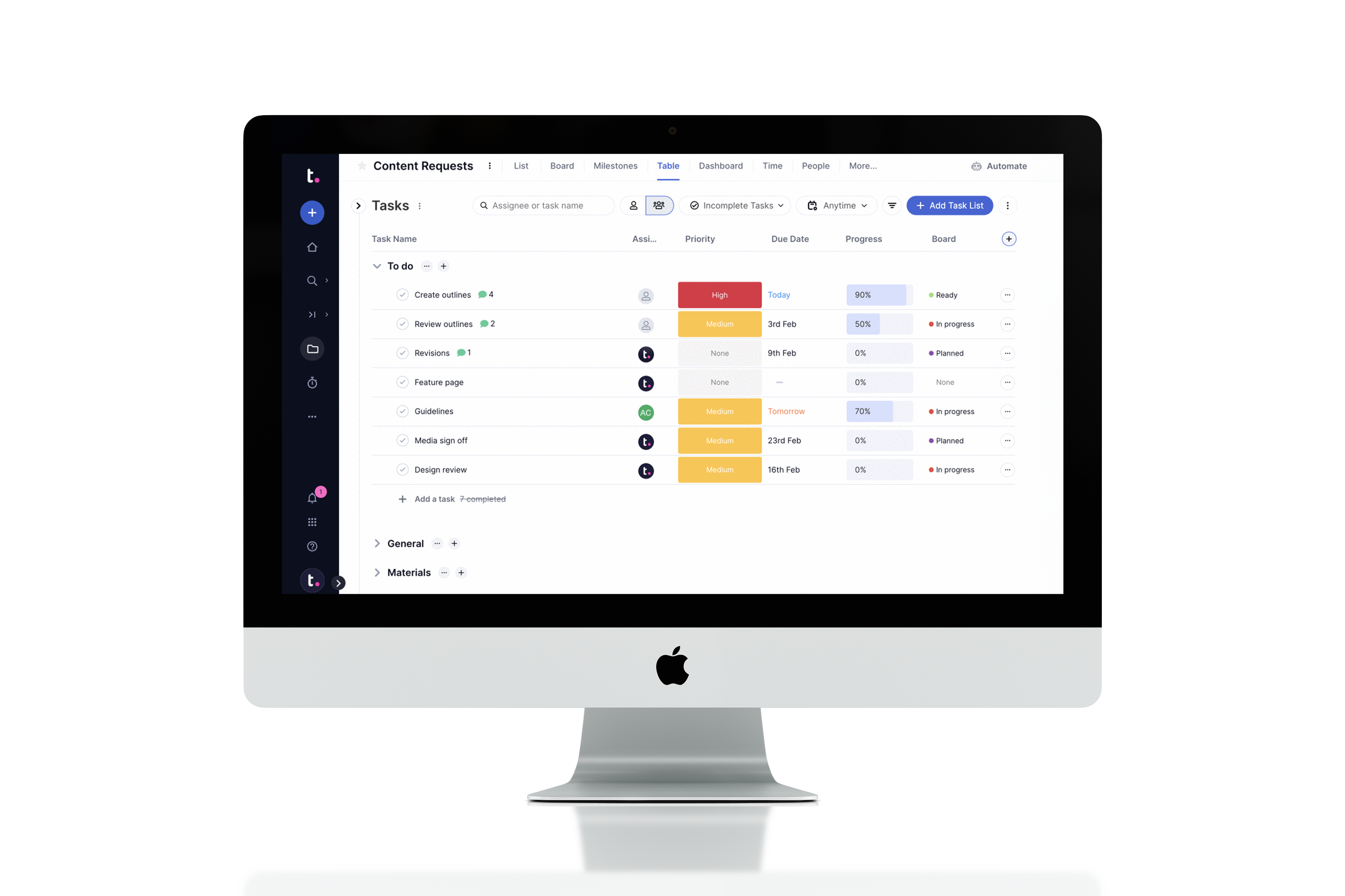 iMac displaying a project management dashboard interface.