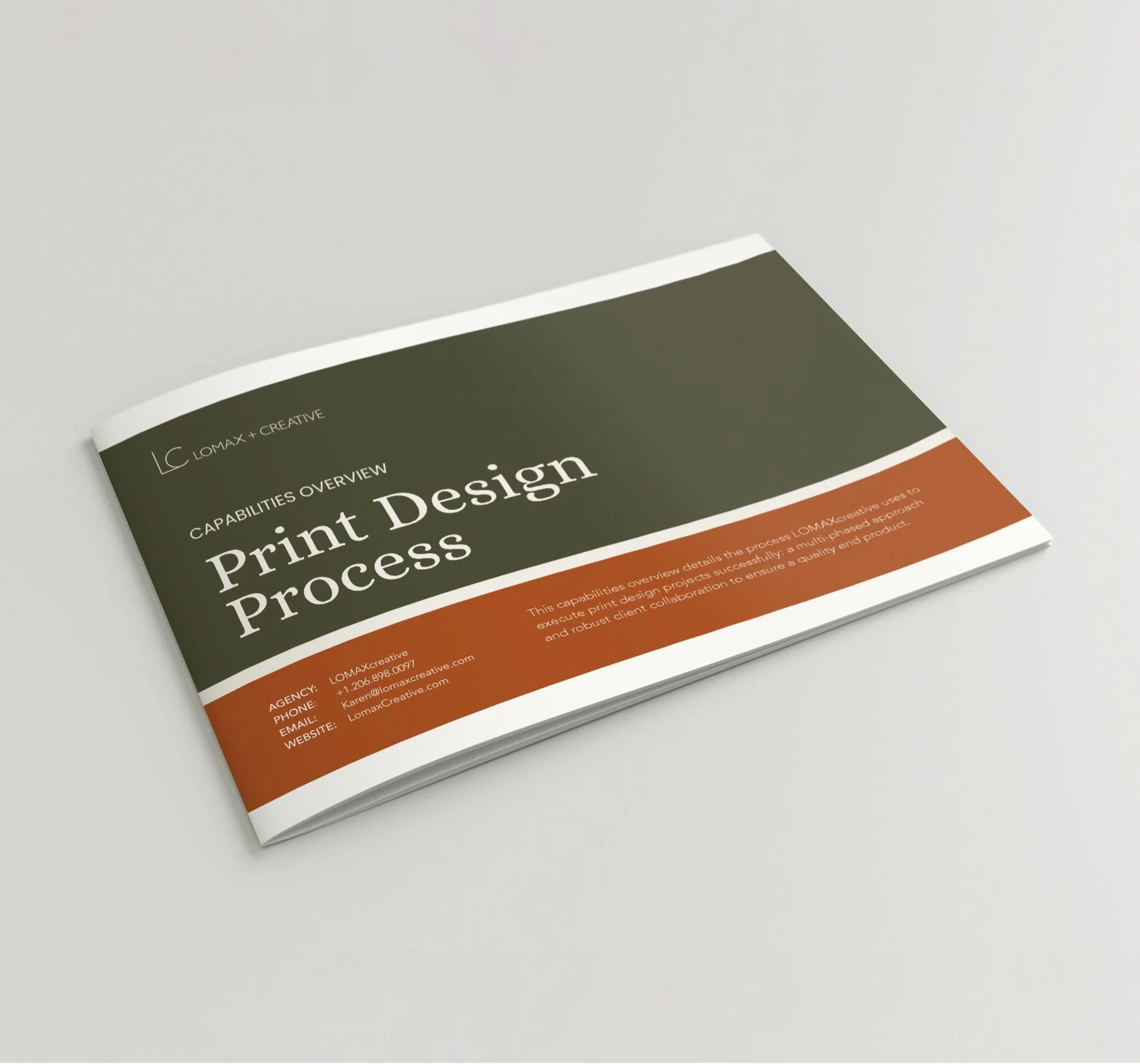 Close-up of a LOMAX + CREATIVE book design brochure, green with orange accents.