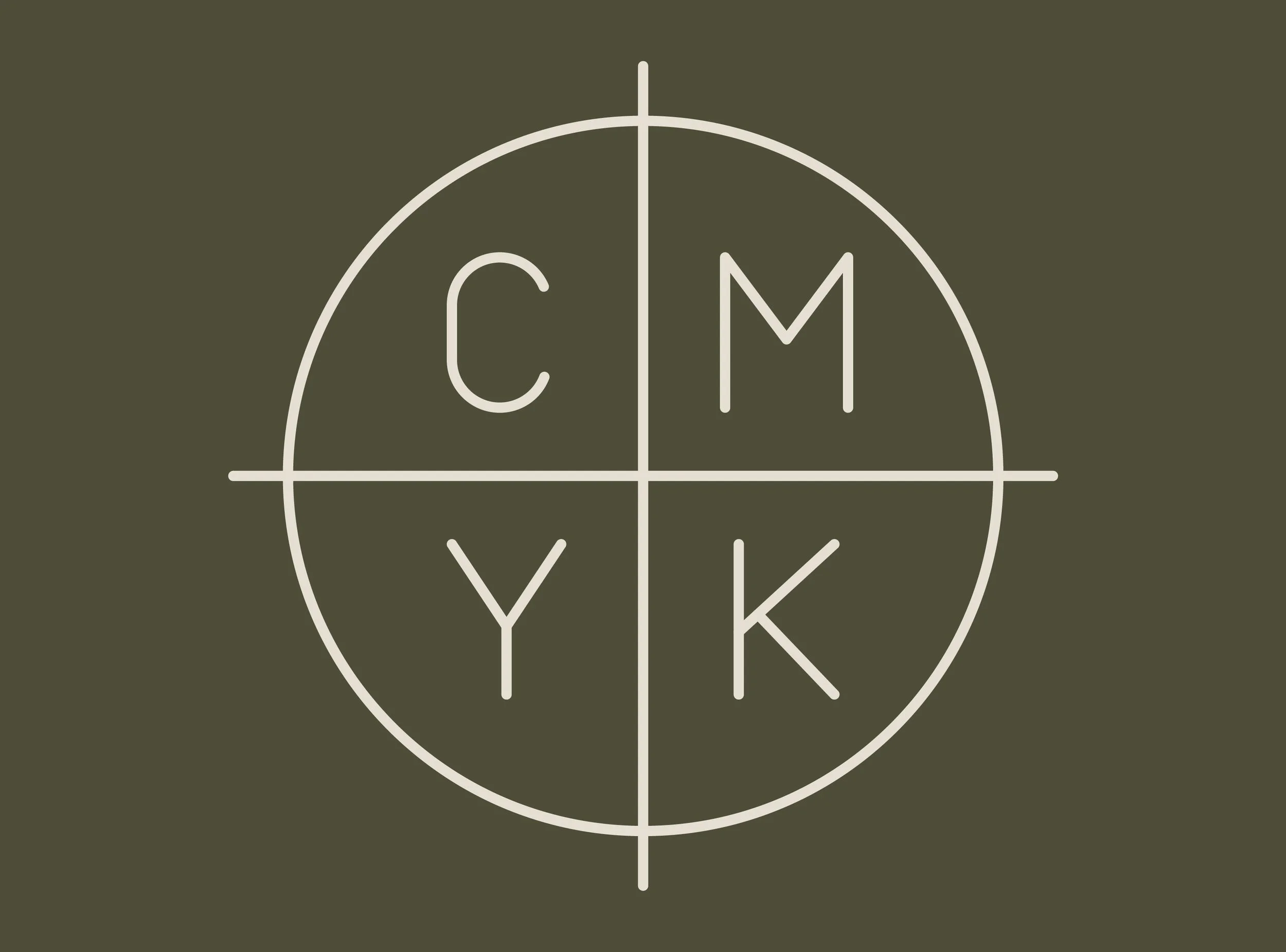 Black background with a white circle divided into four quadrants, with the letters C, M, V, and K in the center, representing the color model.