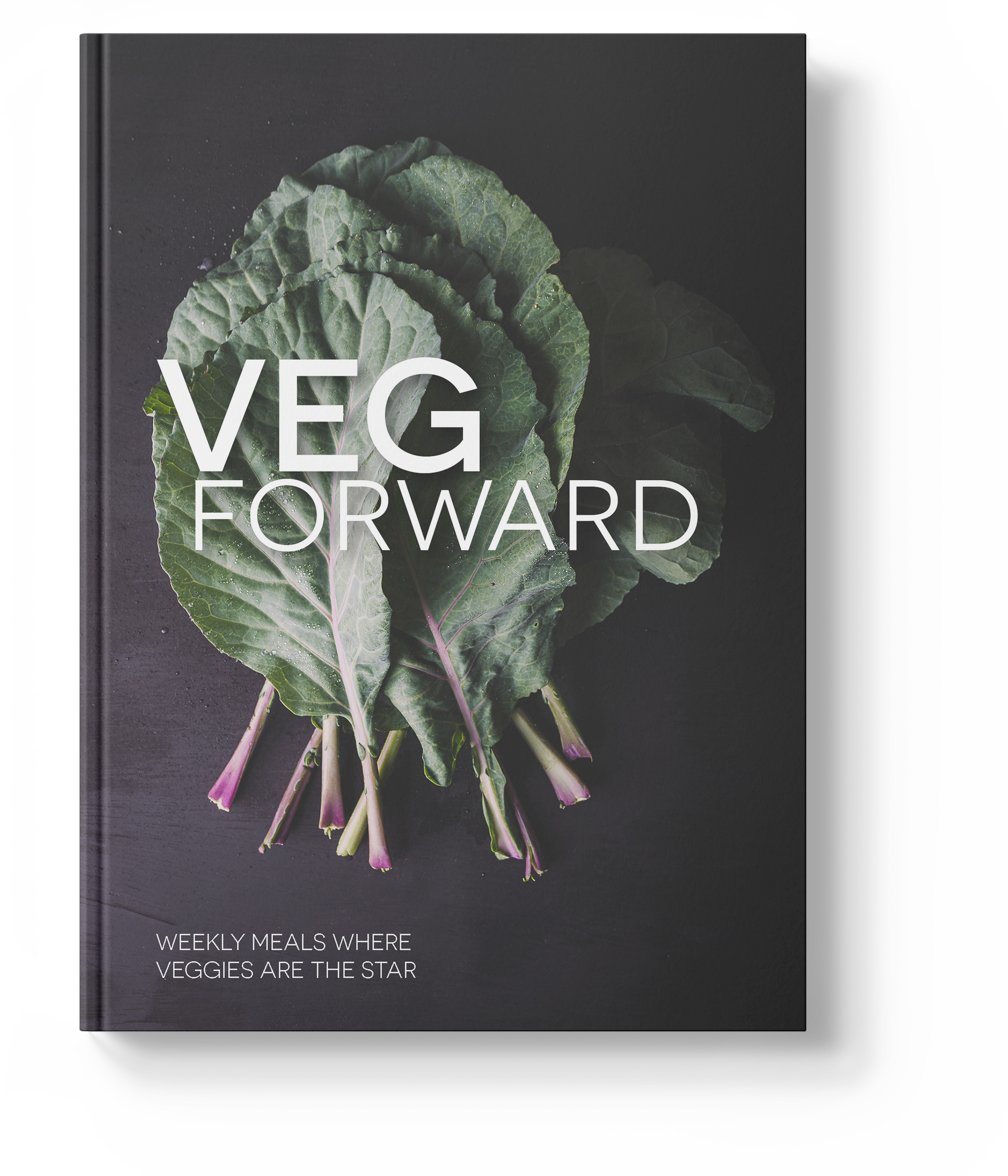 Veg Forward cookbook concept cover: a single full-bleed vegetable photograph under clean bold typography, designed by Karen Lomax, LOMAXcreative.