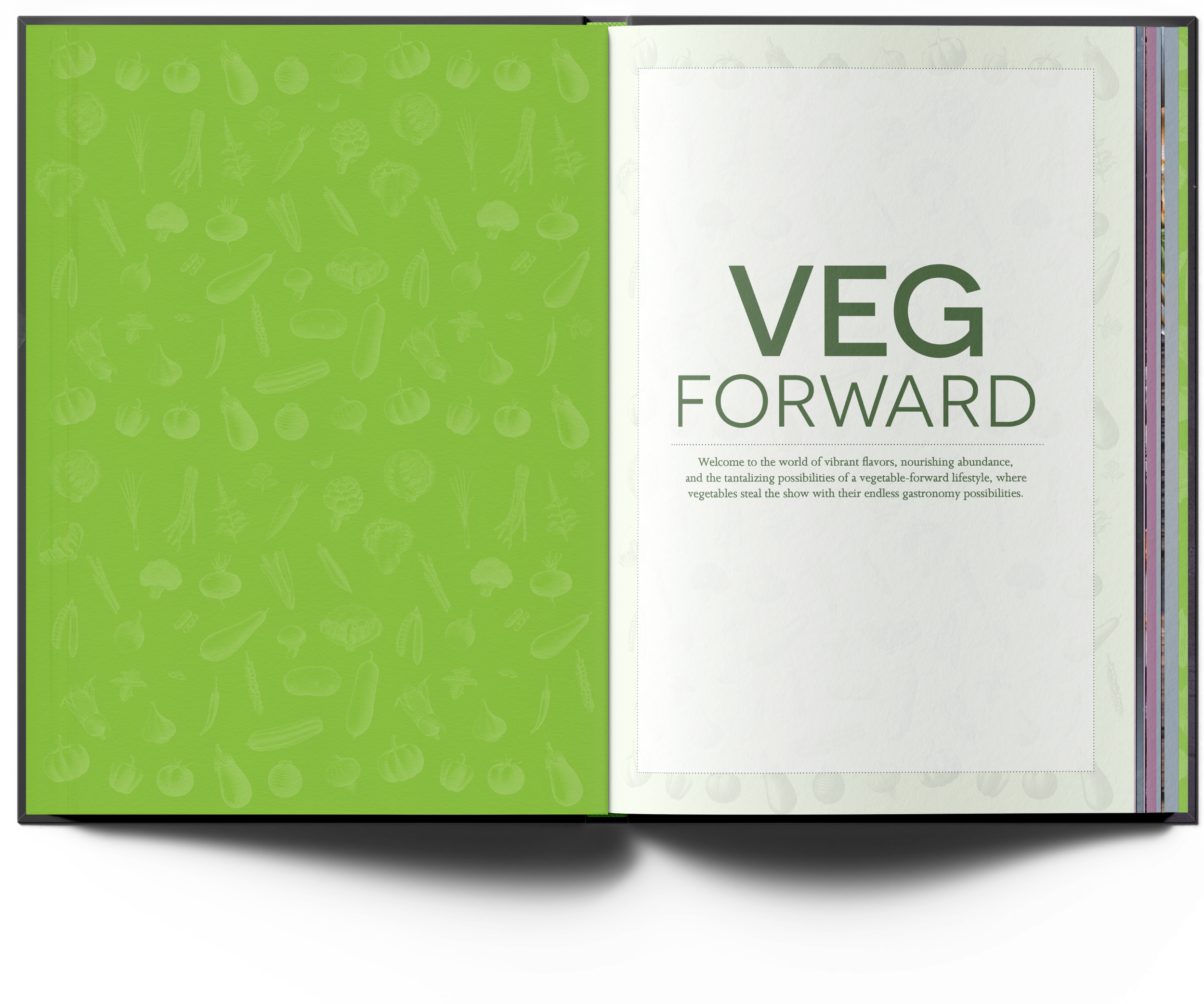 End sheets for the Veg Forward cookbook concept, carrying an original vegetable illustration in bright green.