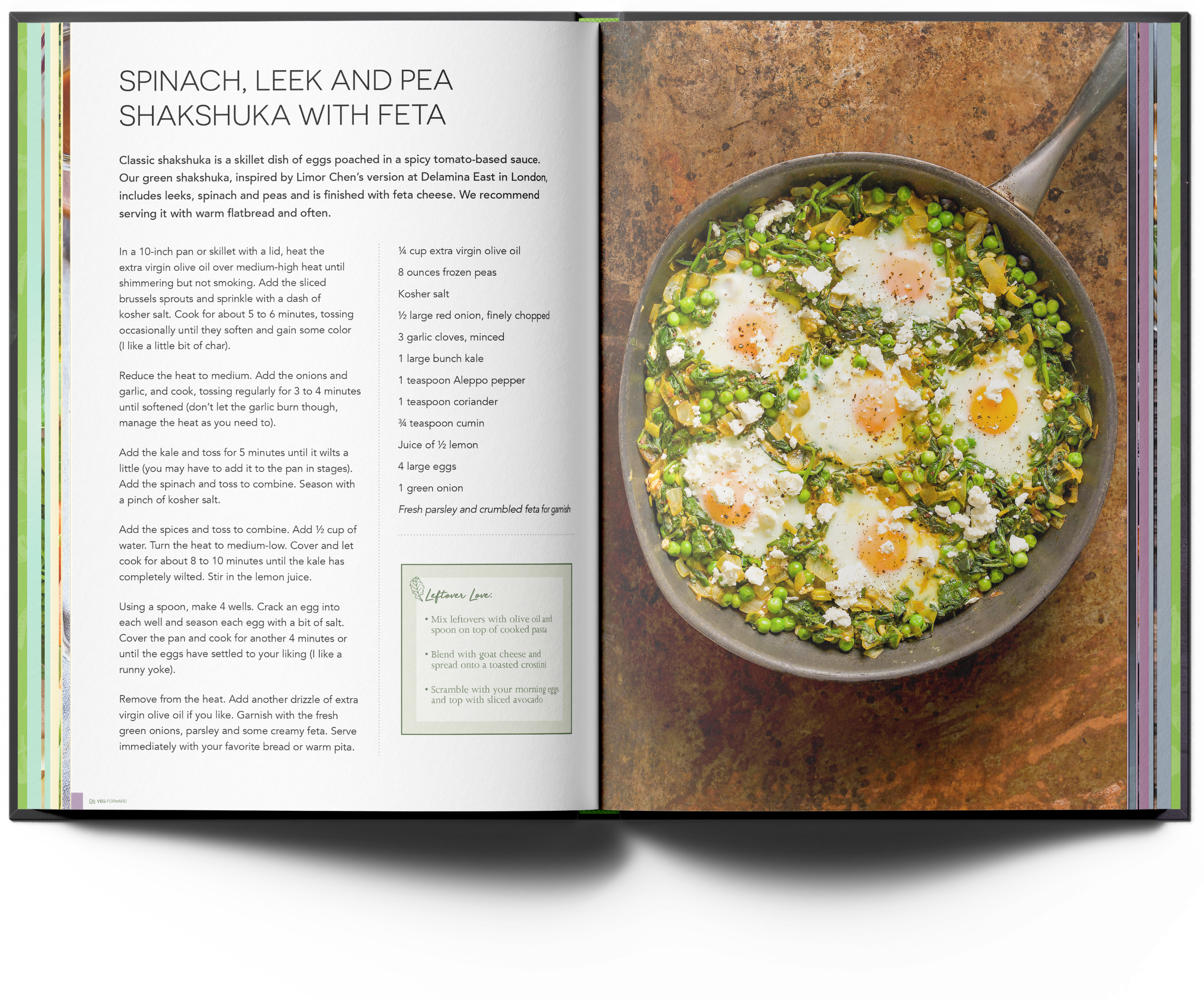 Recipe spread from the Veg Forward cookbook concept, pairing full-bleed food photography with sectioned typography and a leftovers call-out box.