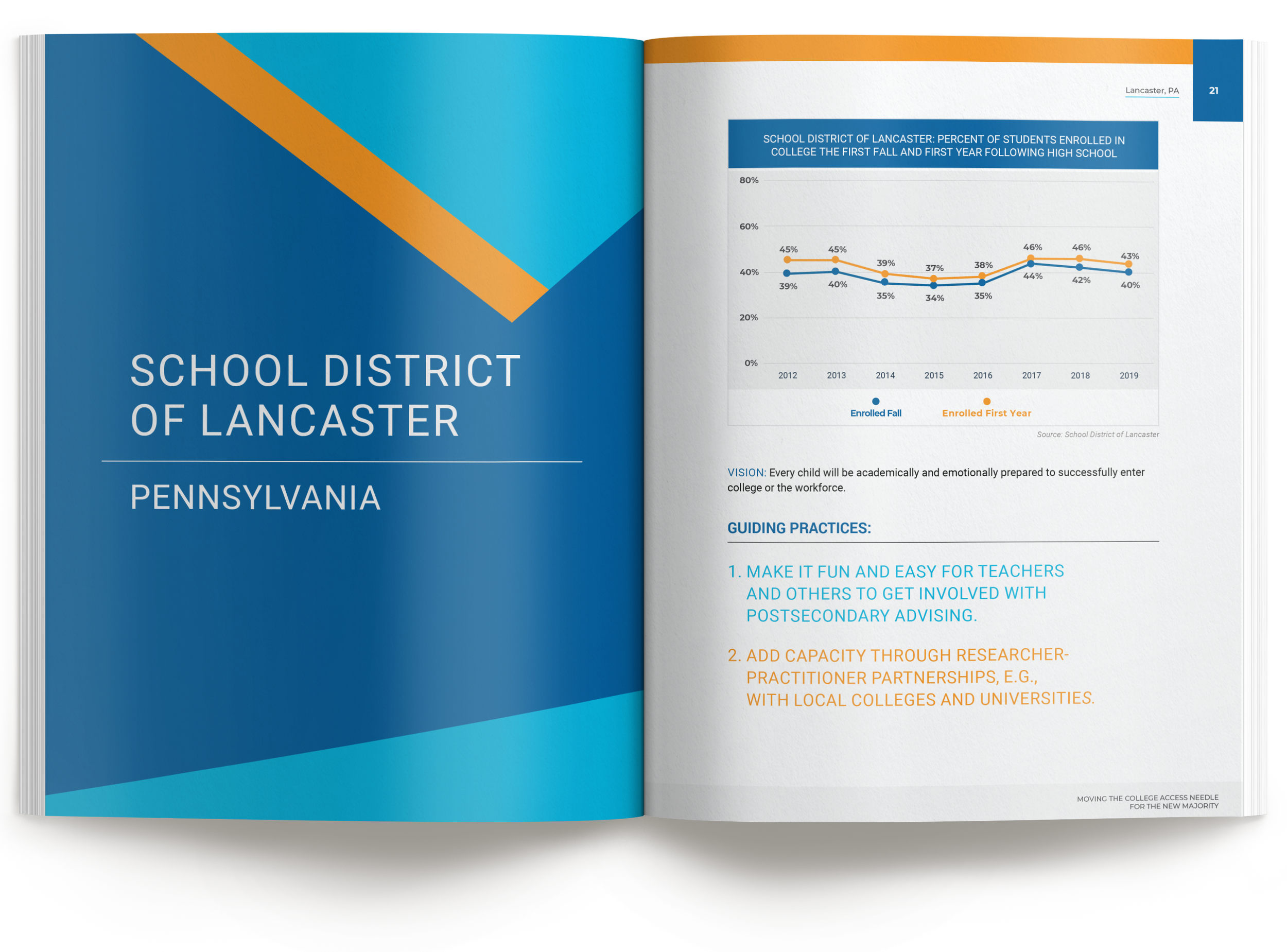 Interior spread from the "Moving the College Access Needle" report, with an enrollment chart.