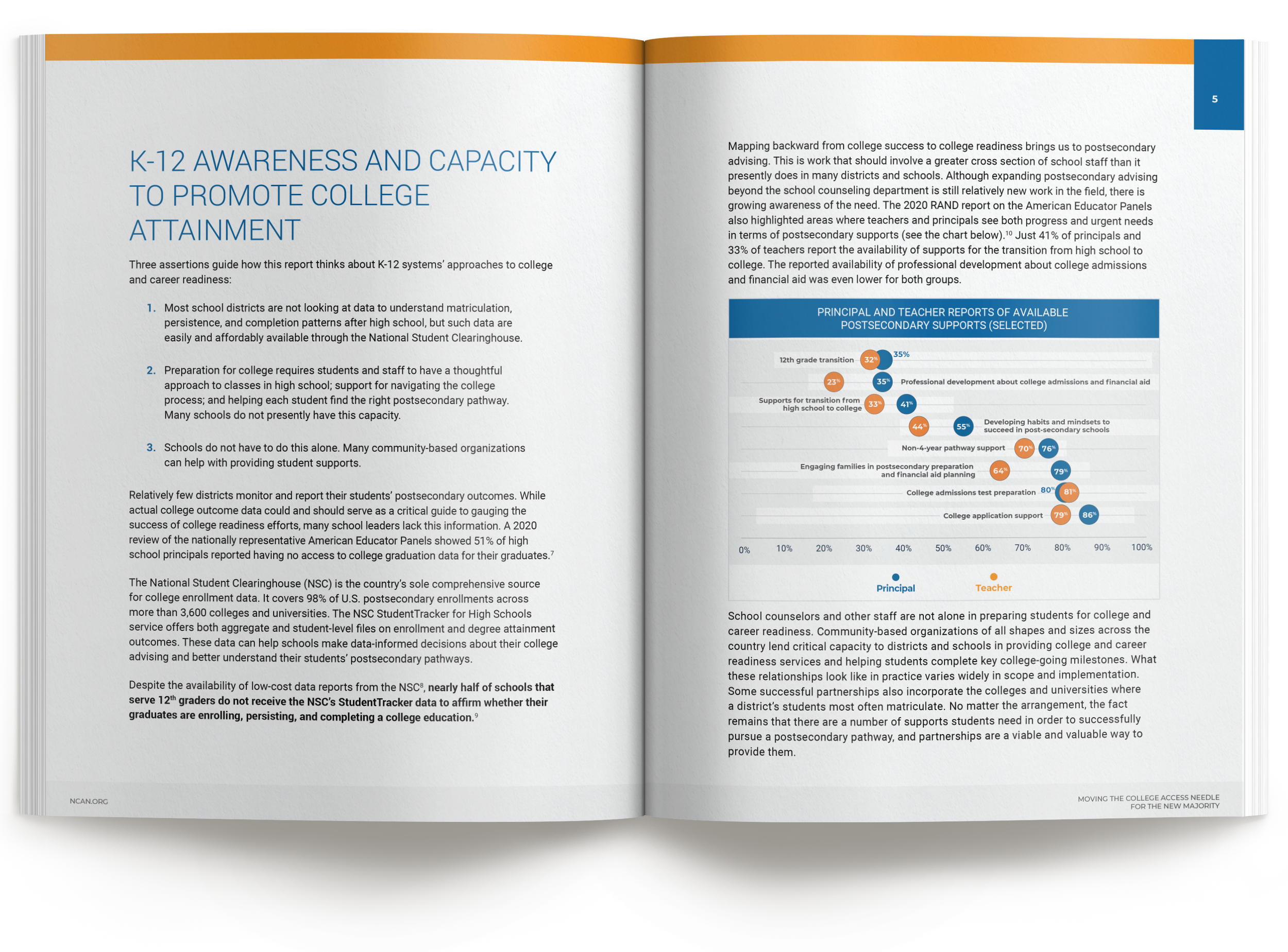 Interior spread from the "Moving the College Access Needle" report, with charts on K-12 college attainment.