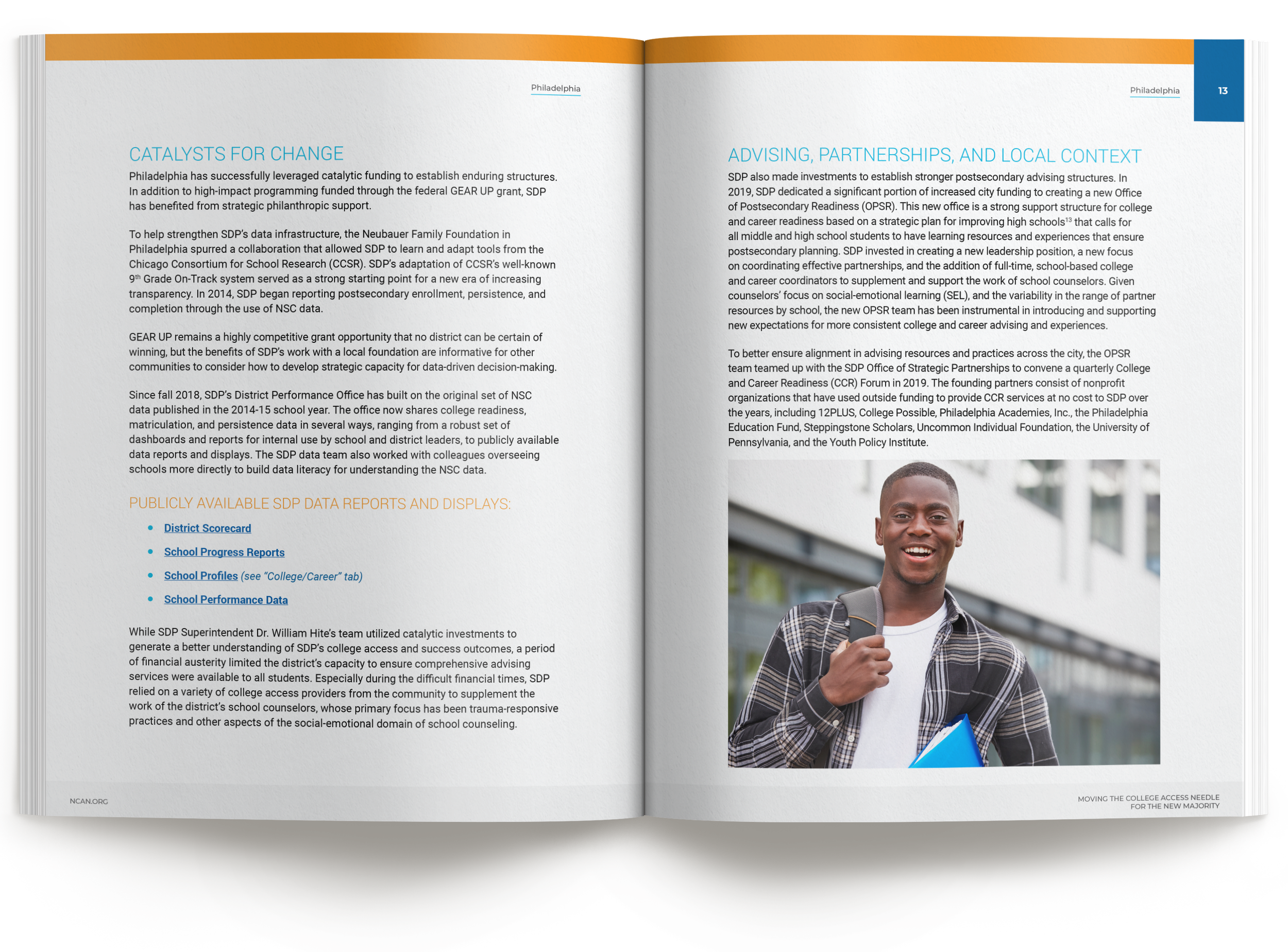 Interior spread from the "Moving the College Access Needle" report, with text on Philadelphia partnerships and a student photo.