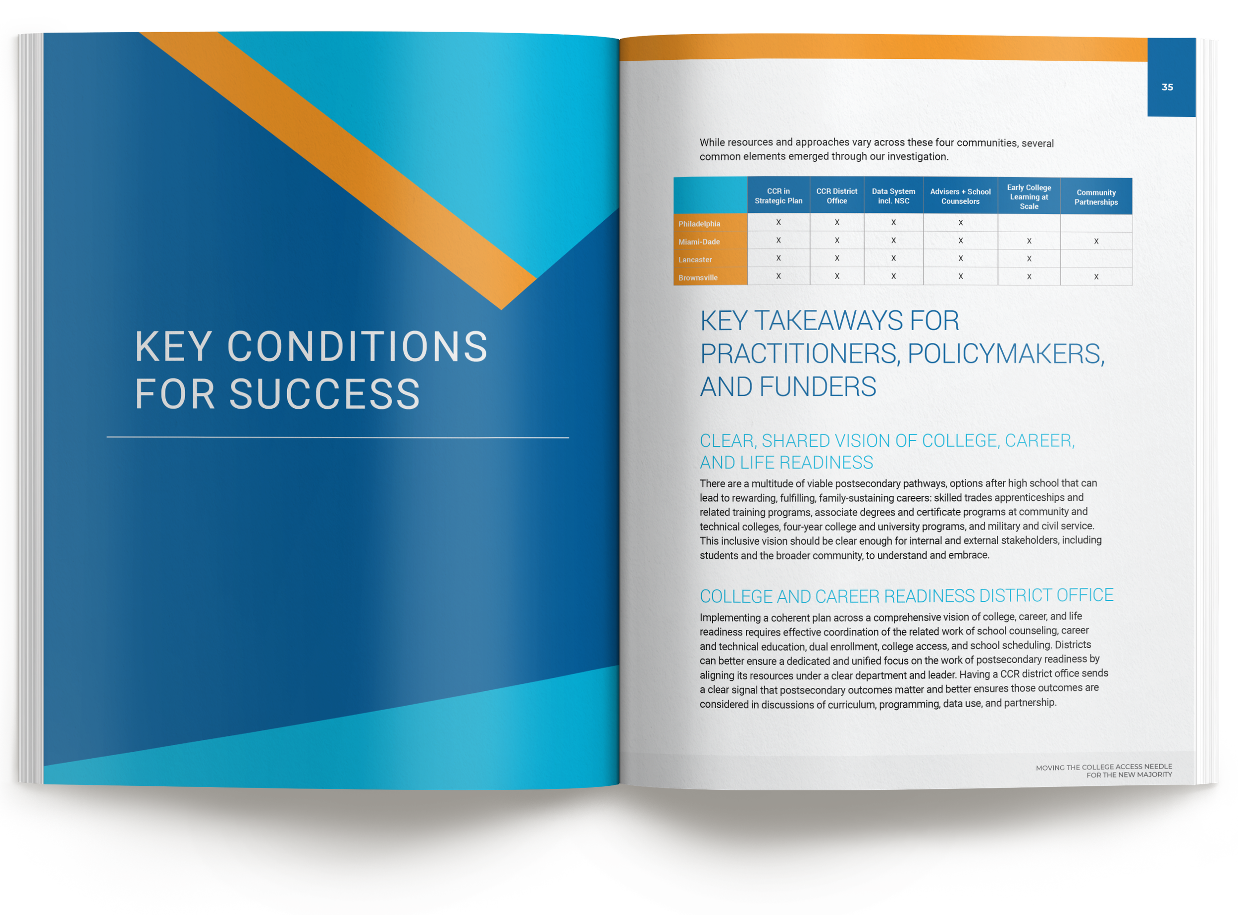 Interior opening: Chapter spread from the " Moving the College Access Needle" report, "Key Conditions for Success," with a data table.