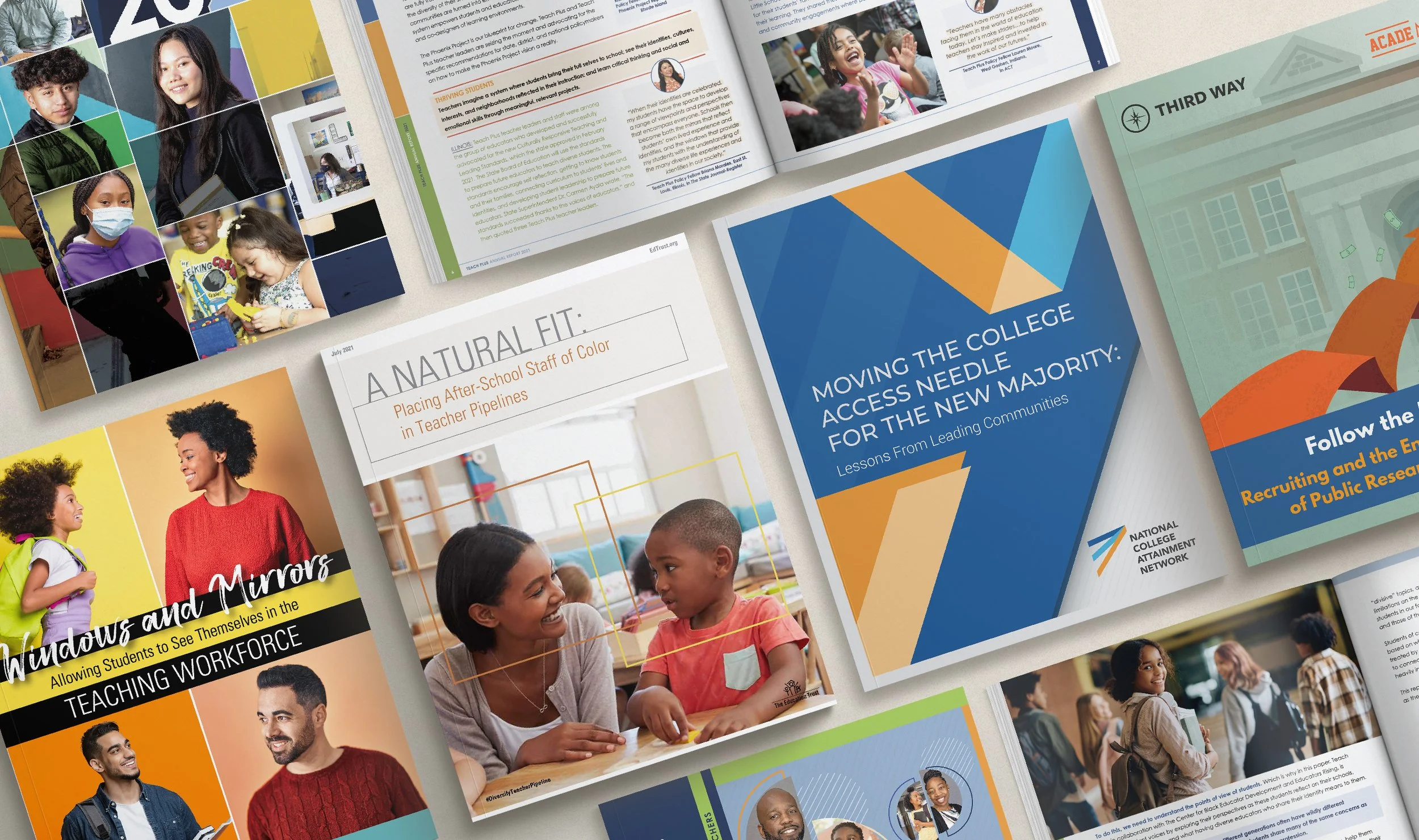 Collection of Teach Plus, EdTrust, Third Way, and other nonprofits' reports covers.