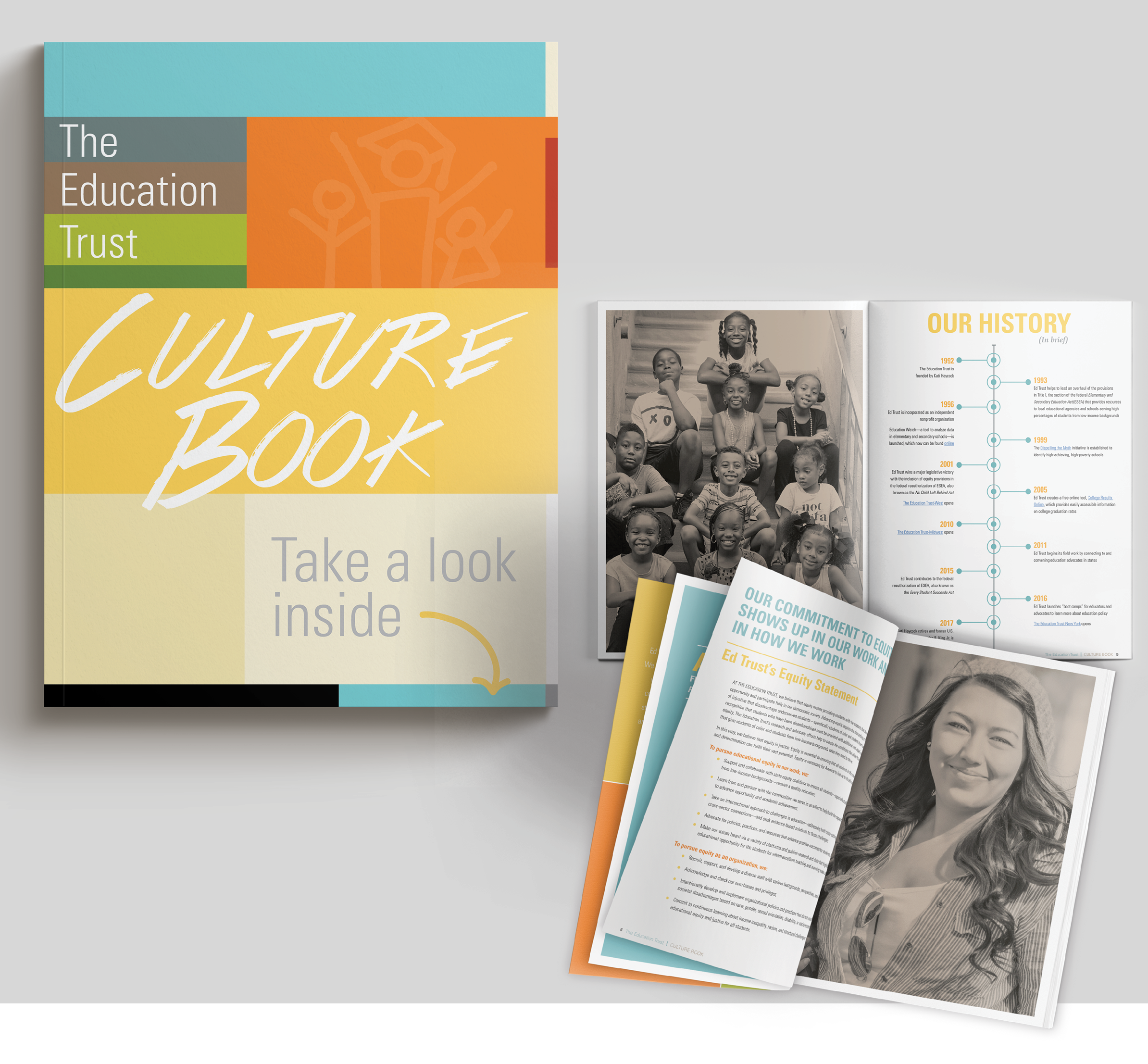 Cover and interior spreads from the EdTrust culture book, with a black-and-white staircase photo and a timeline infographic.