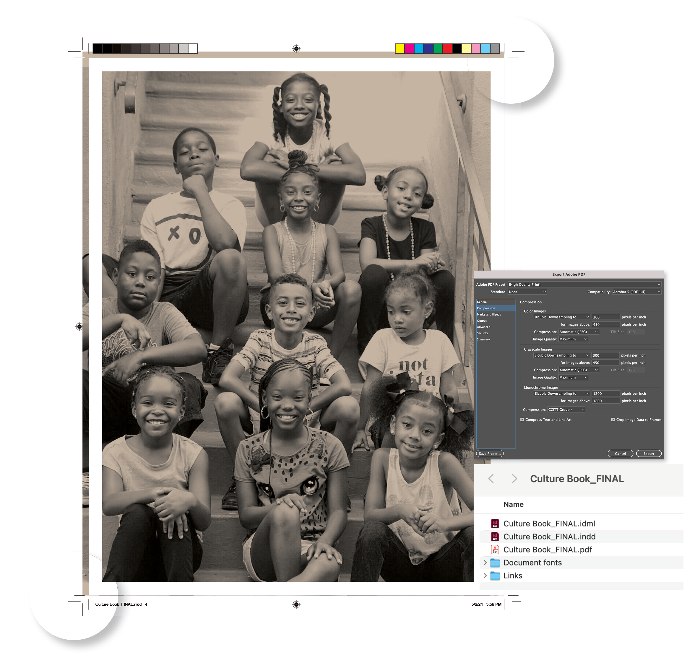 Black-and-white photograph of children on a staircase, from the EdTrust culture book.