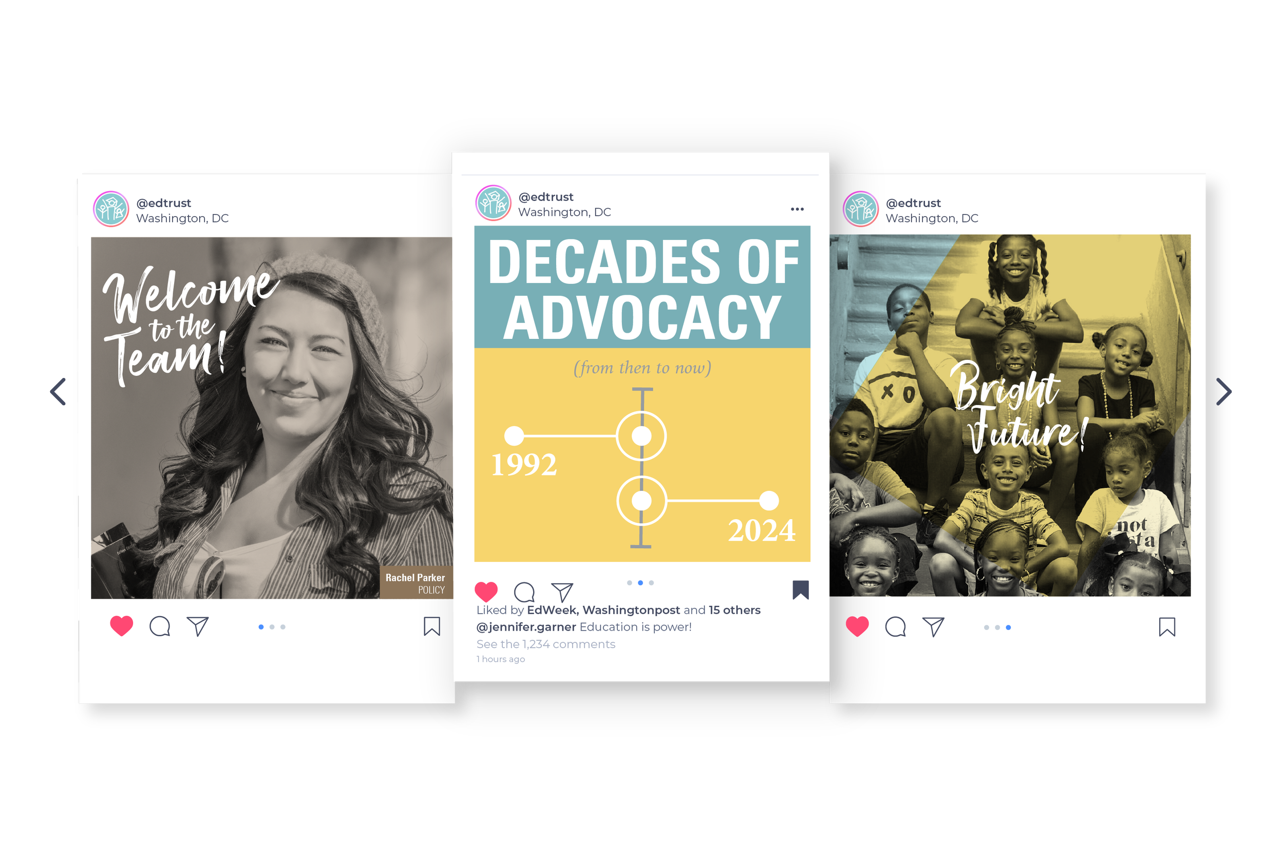 Social media designs for the EdTrust culture book, with black-and-white photos of college students and P-12 students.
