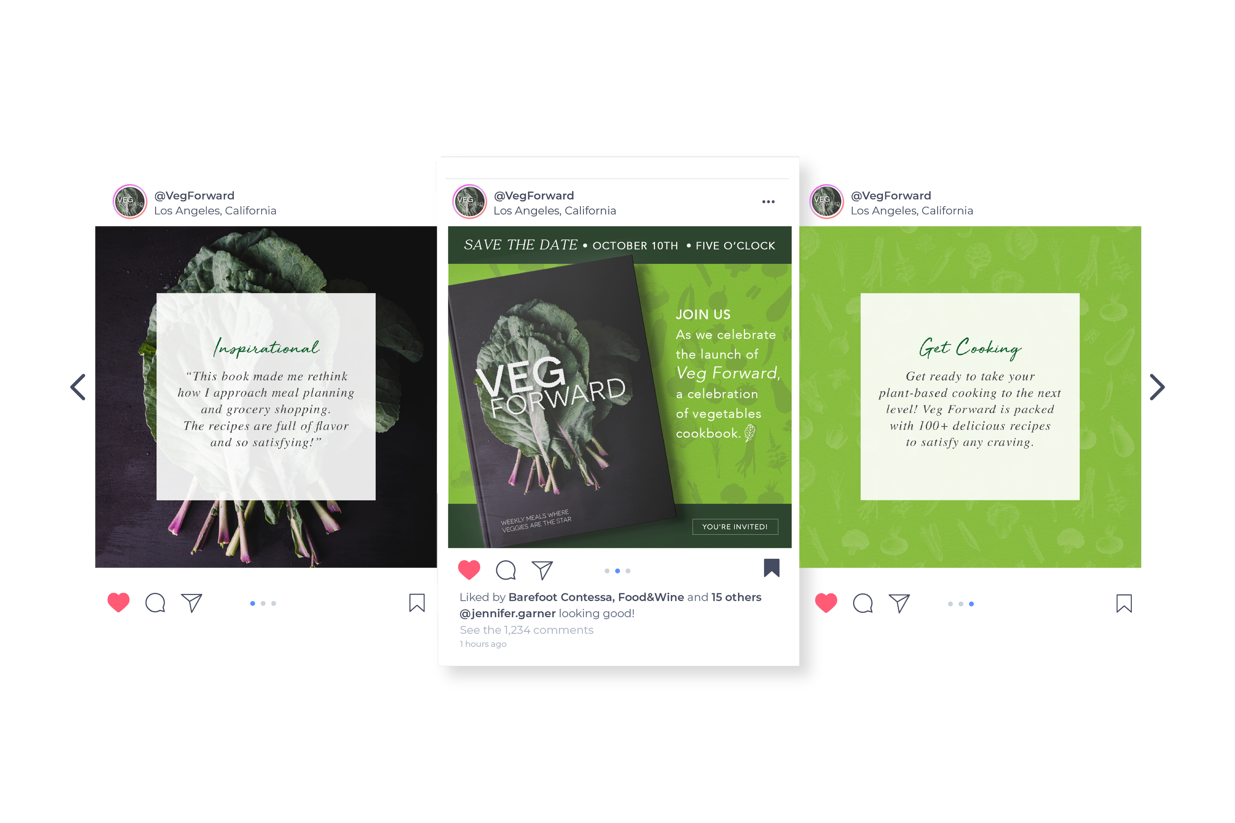 Instagram launch post designs created for the Veg Forward cookbook concept.