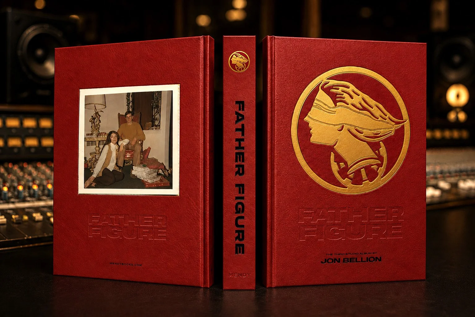 The finished Father Figure cover, spine, and back, showing the gold foil emblem, black foil spine dies, and blind emboss.