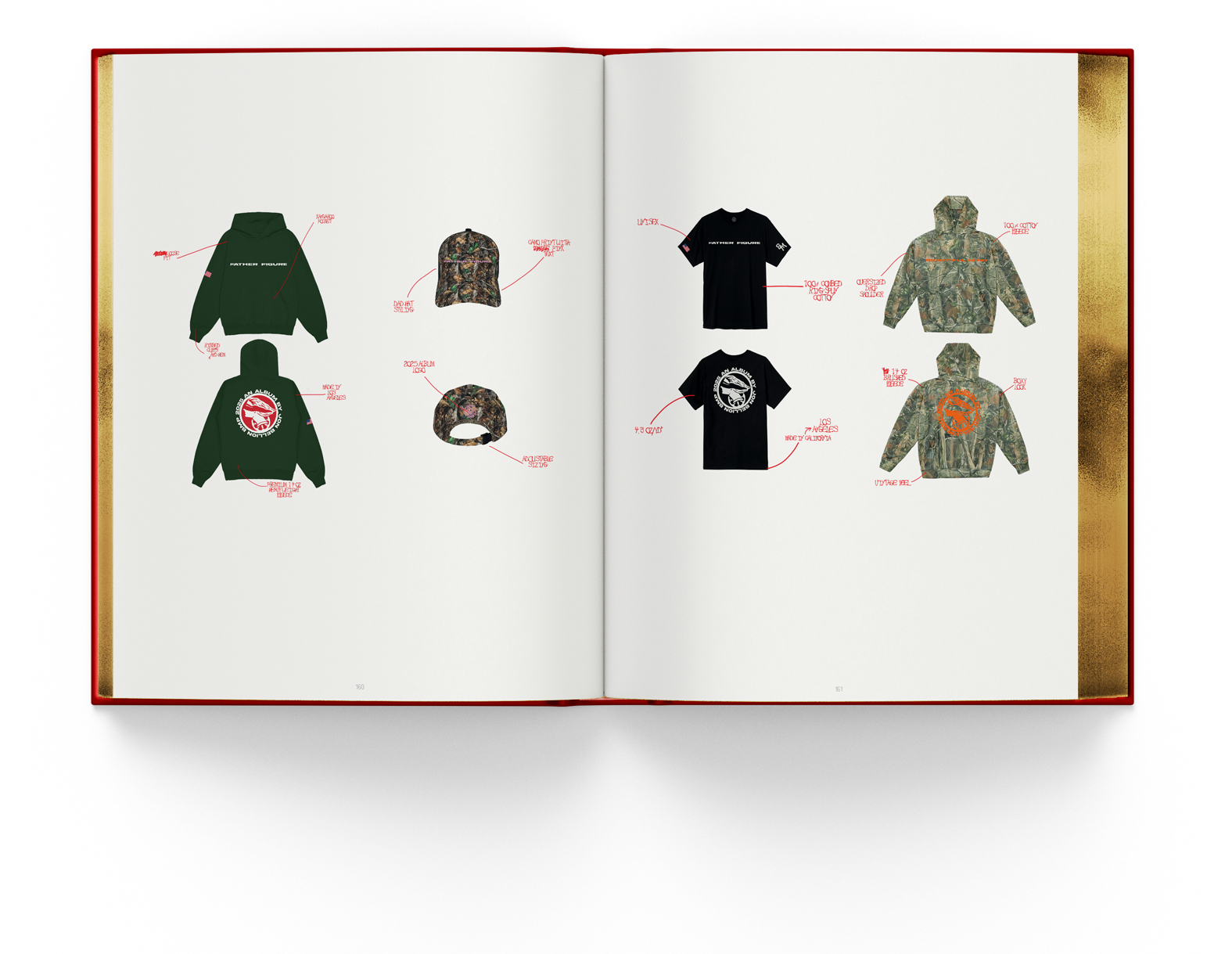 Apparel pages from Father Figure, with callouts and logos rebuilt as vector art carrying spot varnish.