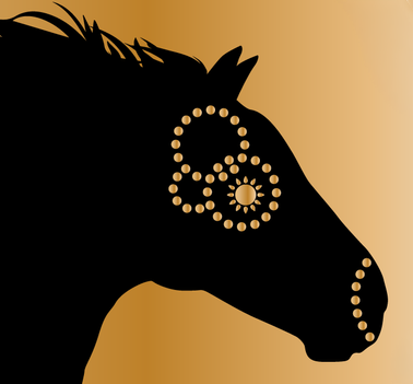 Detail view of the Palomino Jewelry logo, showing the horse's eye and nose built from circles of dots and a feathery Southwestern mane.