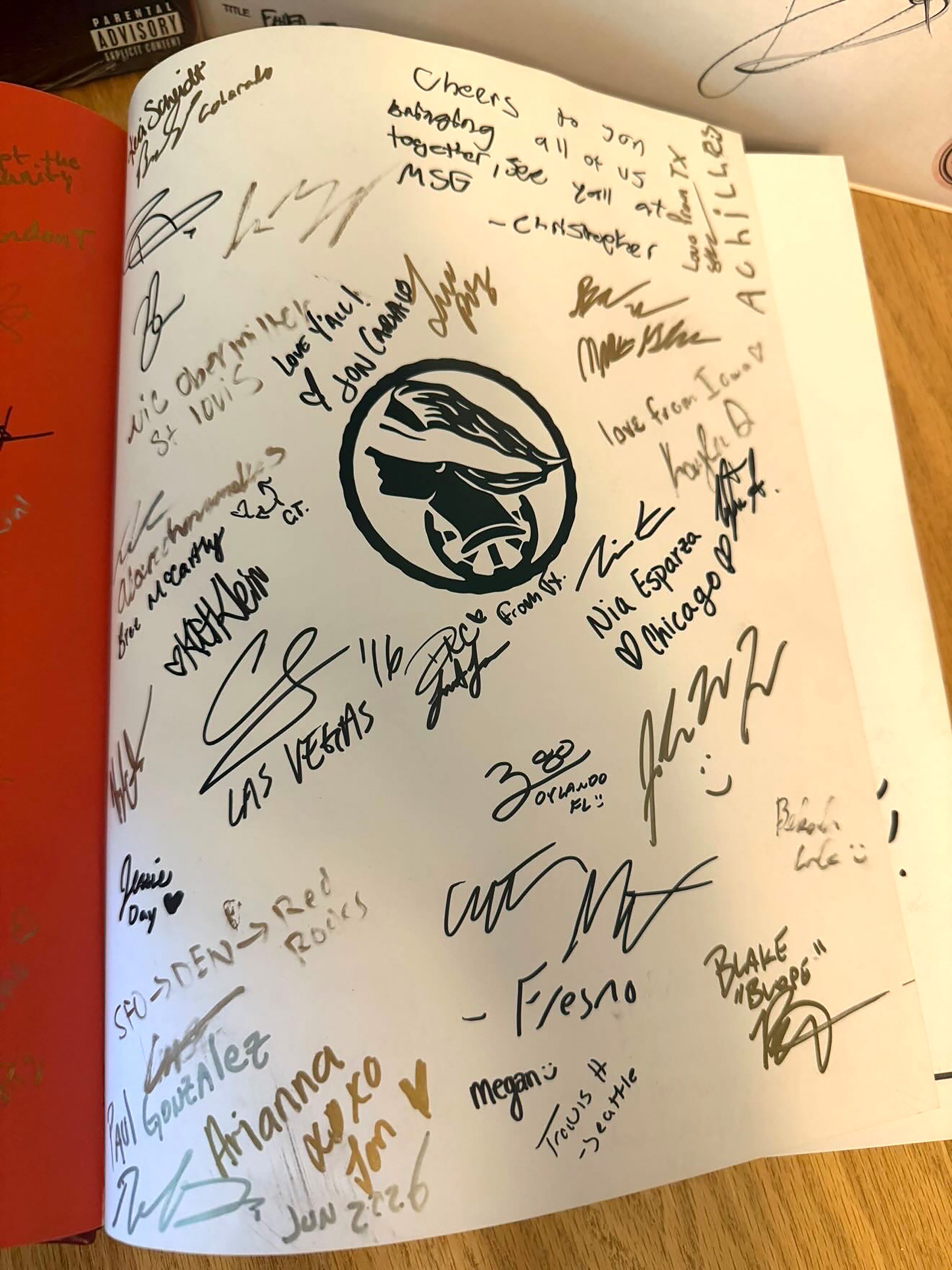 A copy of Father Figure signed by fans who passed it from show to show.