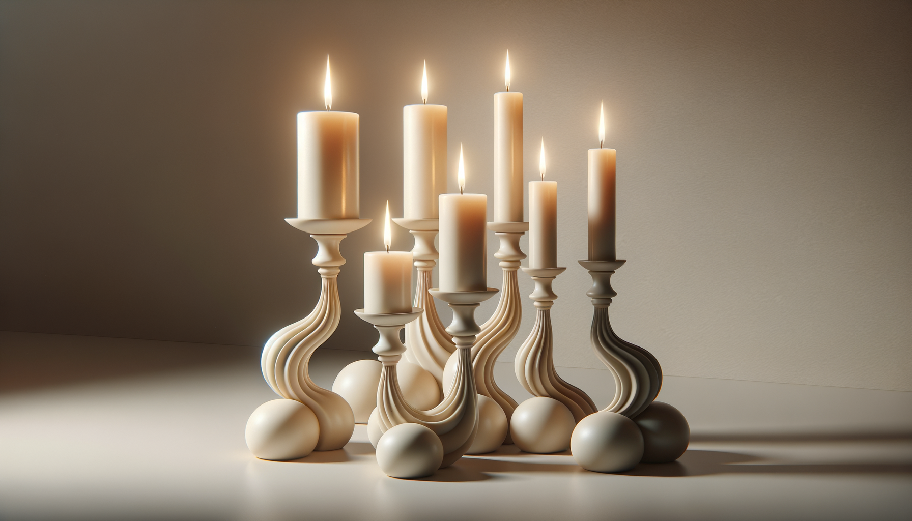 A modern, artistic centerpiece with seven lit white candles on curvy, decorative holders surrounded by large white spheres.