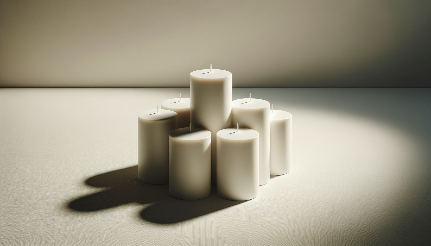 Group of seven white pillar candles of different heights arranged on a plain surface, casting shadows.