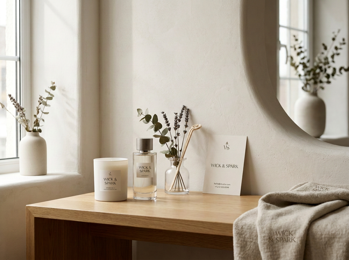 A wooden table with candles, a glass perfume bottle, and vases with dried greenery beside a window with natural light, in a minimalistic room.