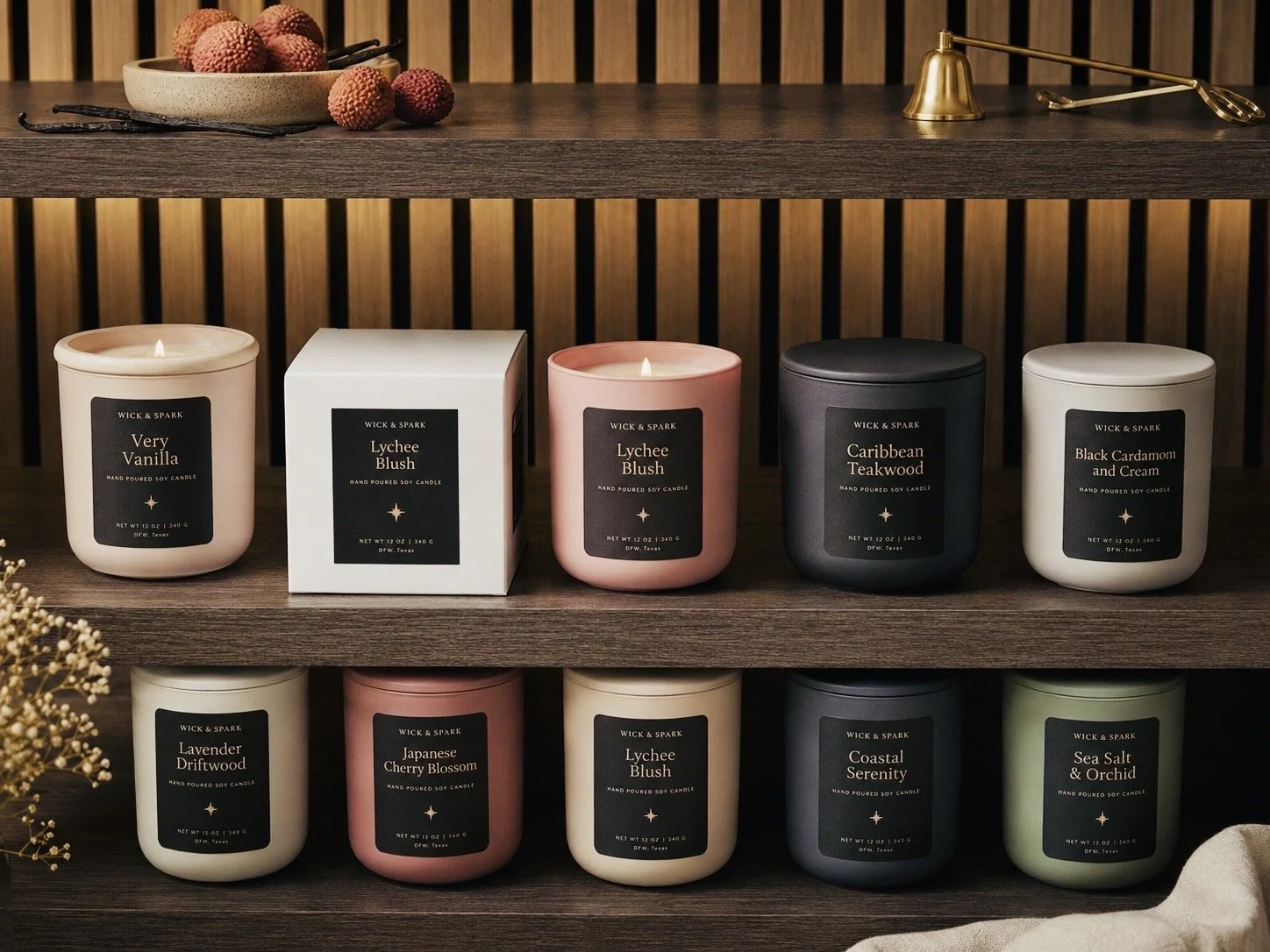 A display of scented candles in ceramic containers with black labels, arranged on wooden shelves. The candles have names like Very Vanilla, Lychee Blush, Caribbean Teakwood, and Black Cardamom and Cream.