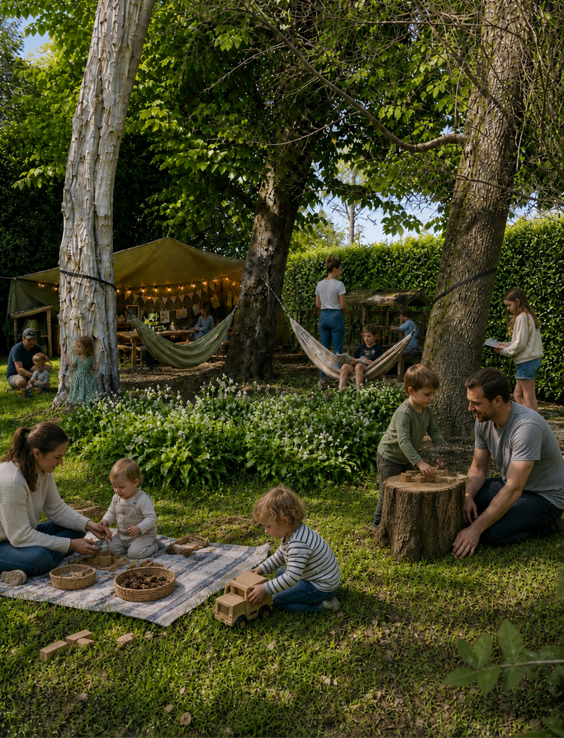Families enjoying an outdoor Stay & Play session at Our Wild Space in Great Budworth, Cheshire, with nature-based play, child-led exploration and creative outdoor activities for babies, toddlers and young children.