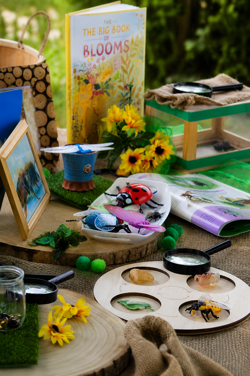 Nature-based learning invitation at Our Wild Space for home educated children, featuring open-ended resources, magnifying glasses and natural materials inspired by the Reggio Emilia approach in Cheshire.