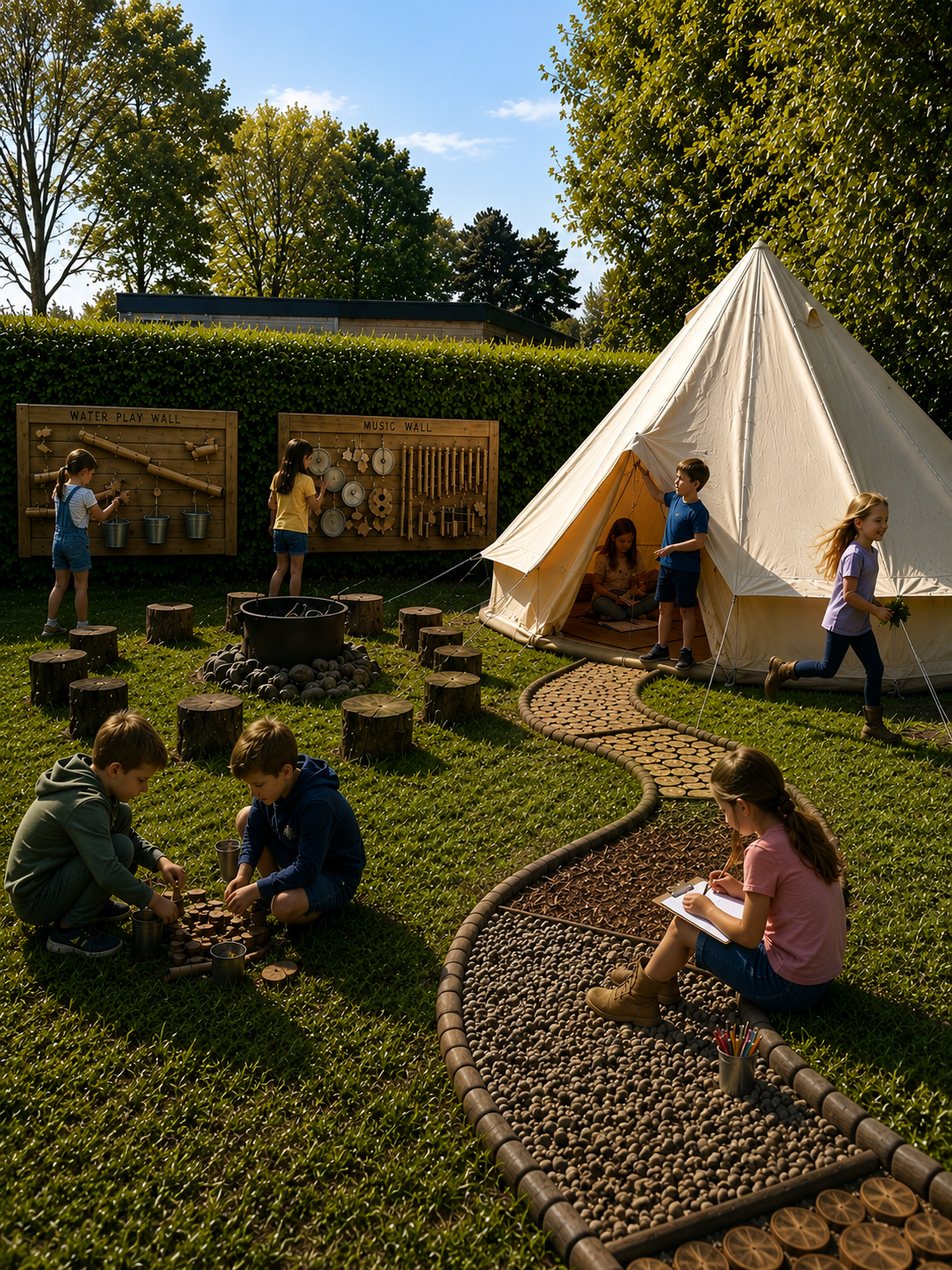 Children enjoying an outdoor enrichment club at Our Wild Space in Great Budworth, Cheshire, exploring nature through creative play, den building, outdoor art and hands-on, child-led learning.