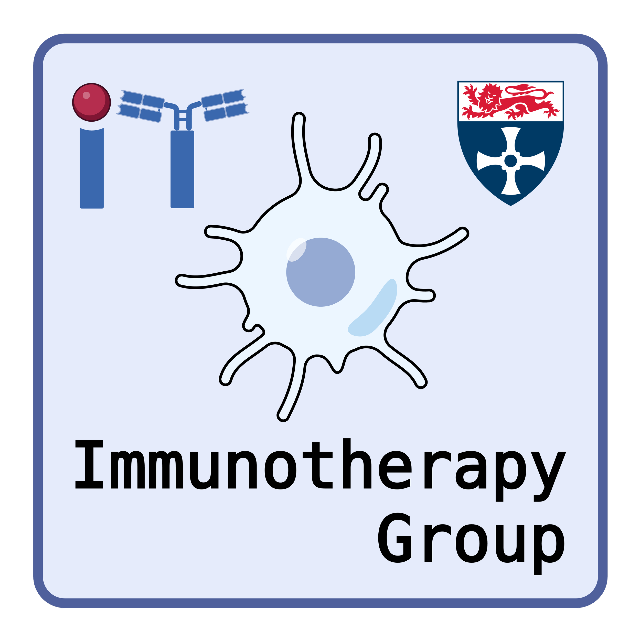 Logo of a biomedical research group specialising in immunotherapy featuring a dendritic cell, the letters "IT" stylised as an antigen and antibody and a shield with a lion and a cross (Newcastle University crest).)