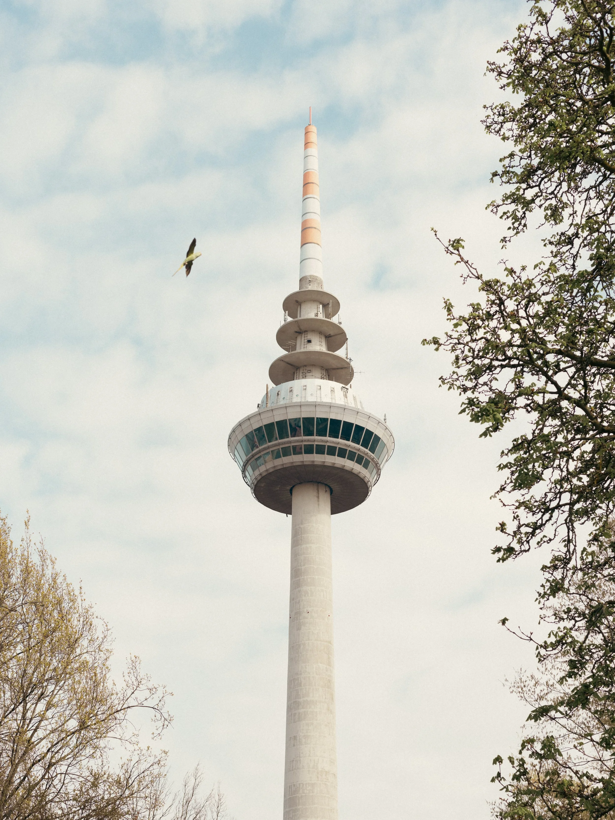 Fernmeldeturm mit einem spitzen, mehrfarbigen Antennenmast auf der Spitze, umgeben von Bäumen, gegen den Himmel mit Wolken.