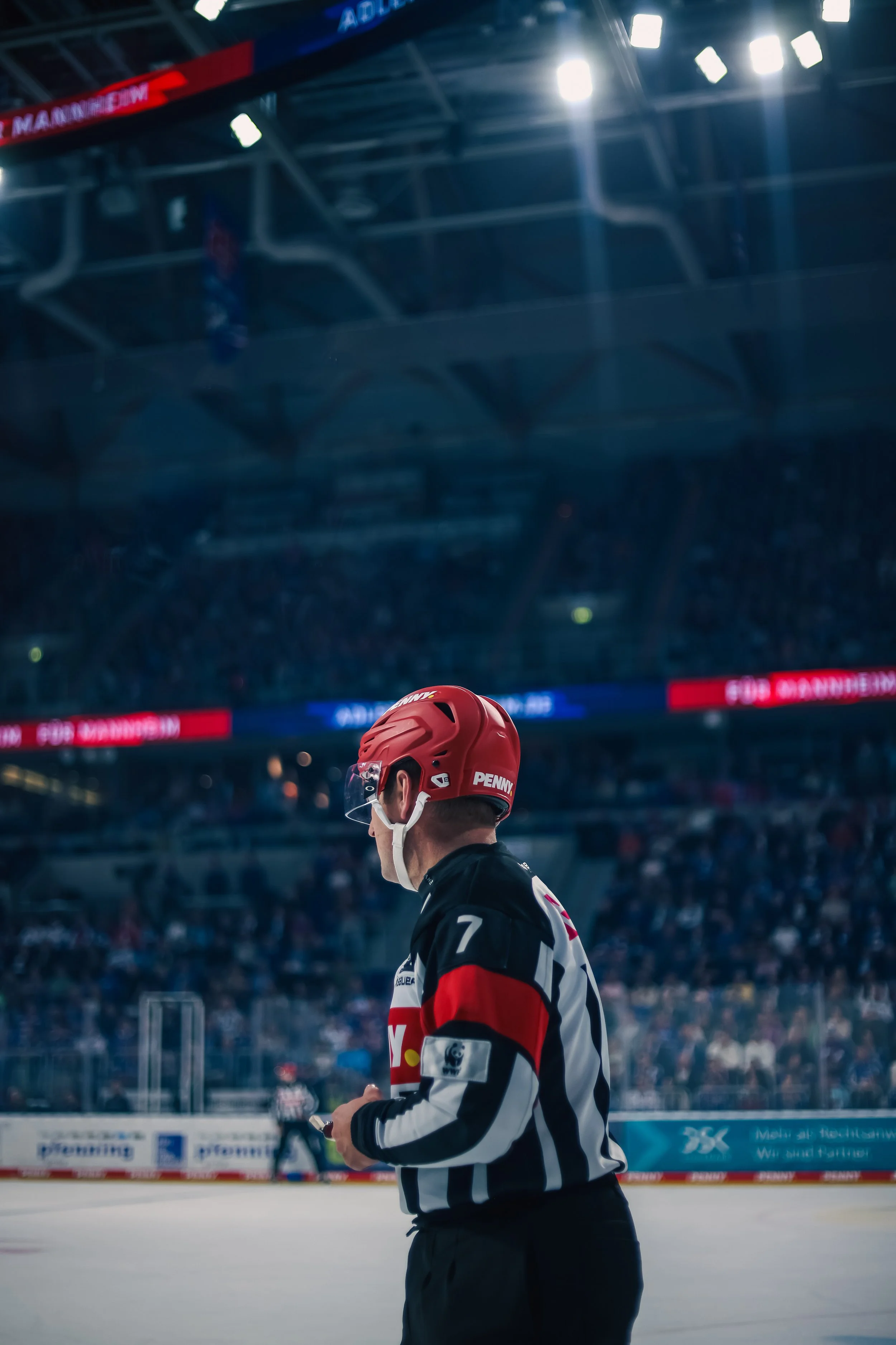 Eishockey-Schiedsrichter im Profil mit rotem Helm, schwarze und weiße Trikots, auf dem Eis im Stadion, im Hintergrund sind Zuschauerränge und Anzeigen. Sport-Fotografie in Mannheim.