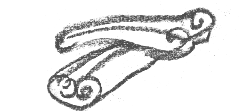 Line drawing of a winged creature or angel with curled detailing.