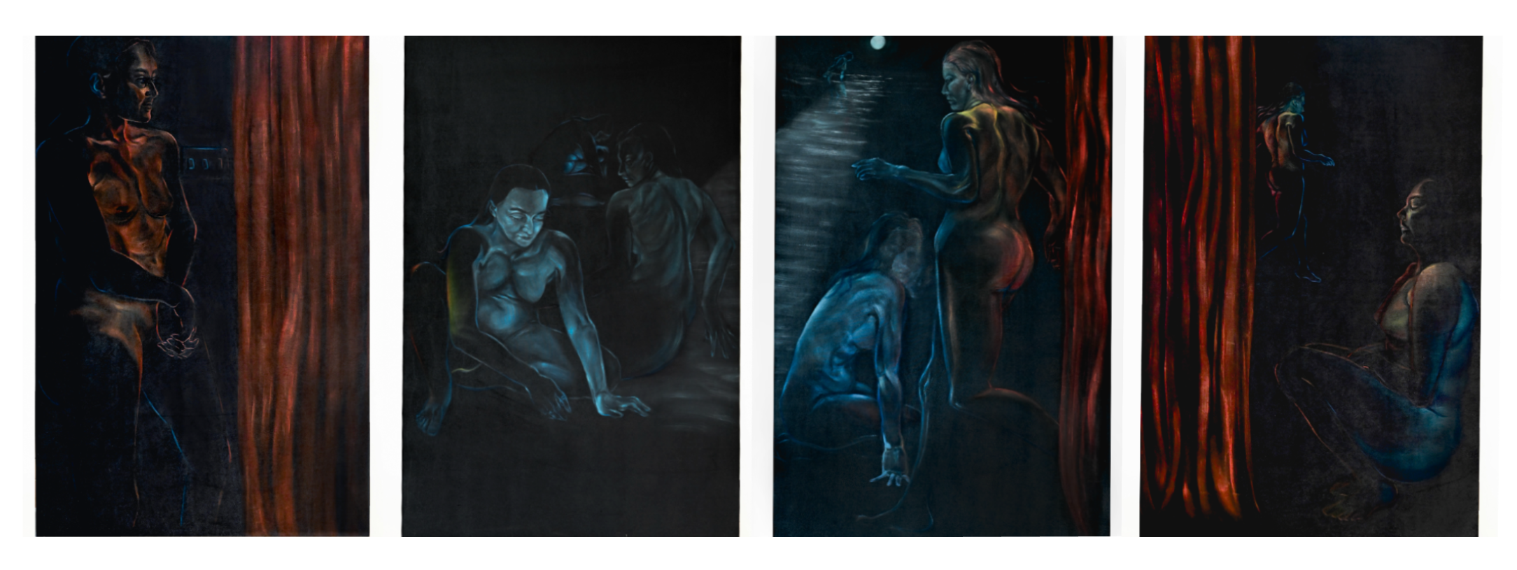 Gathering, 2026. Oil and pastel on velvet, 135 x 360cm

