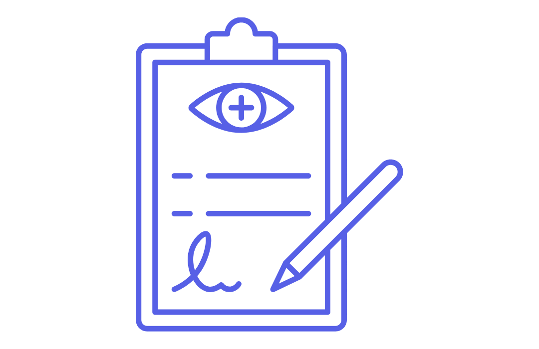 Dibujo de un formulario médico con un ojo y una cruz, y un bolígrafo junto a la hoja