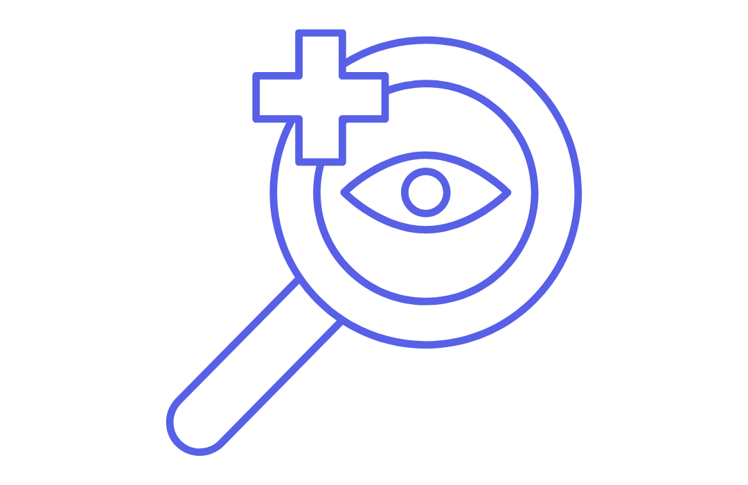 Icono de lupa con símbolo de ojo y cruz, en estilo de línea azul, representación de búsqueda o inspección visual.