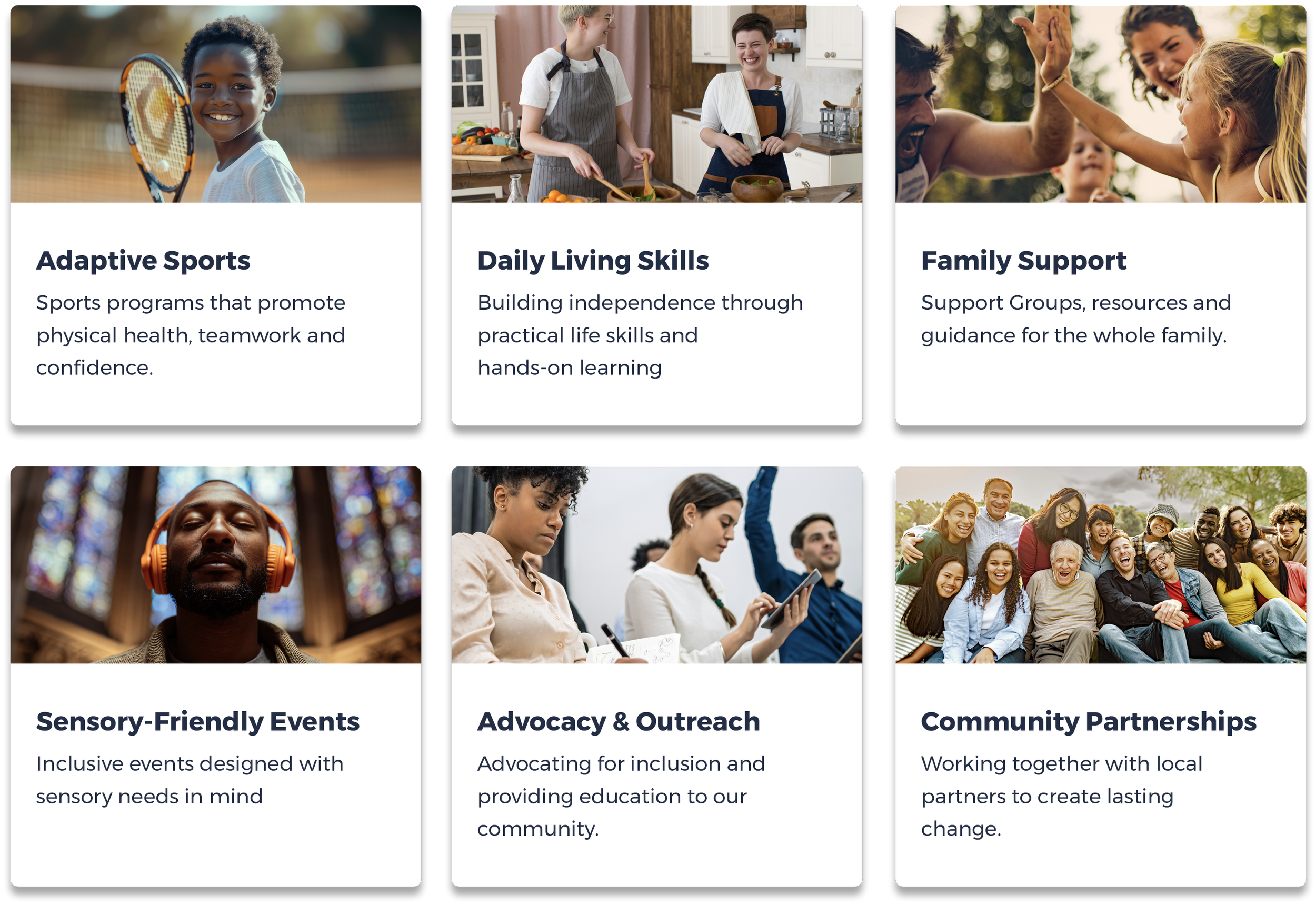 A collage of six photos depicting different community, family, and wellness activities. The top row shows a child on a tennis court, two women cooking together, and a man giving a high five to a young girl. The bottom row includes a man with headphones meditating, a group of people in a meeting, and a diverse group of people smiling outdoors.