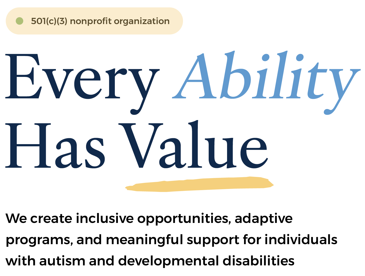 Text stating 'Every Ability Has Value' with a label indicating '501(c)(3) nonprofit organization' at the top.