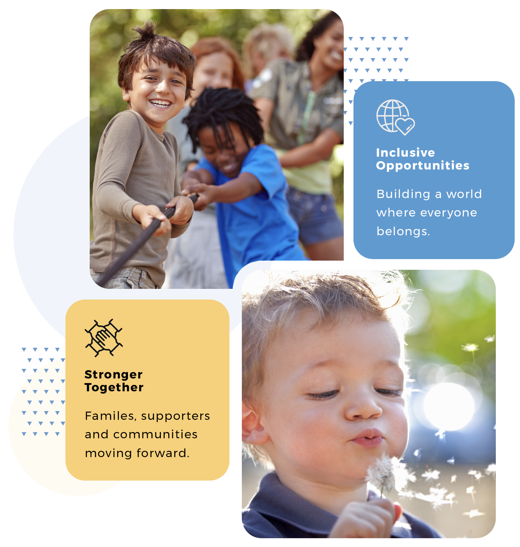 Smiling children and adults outdoors with a blue text section on the right side displaying icons and text about inclusive opportunities, building a supportive community, and moving forward together.