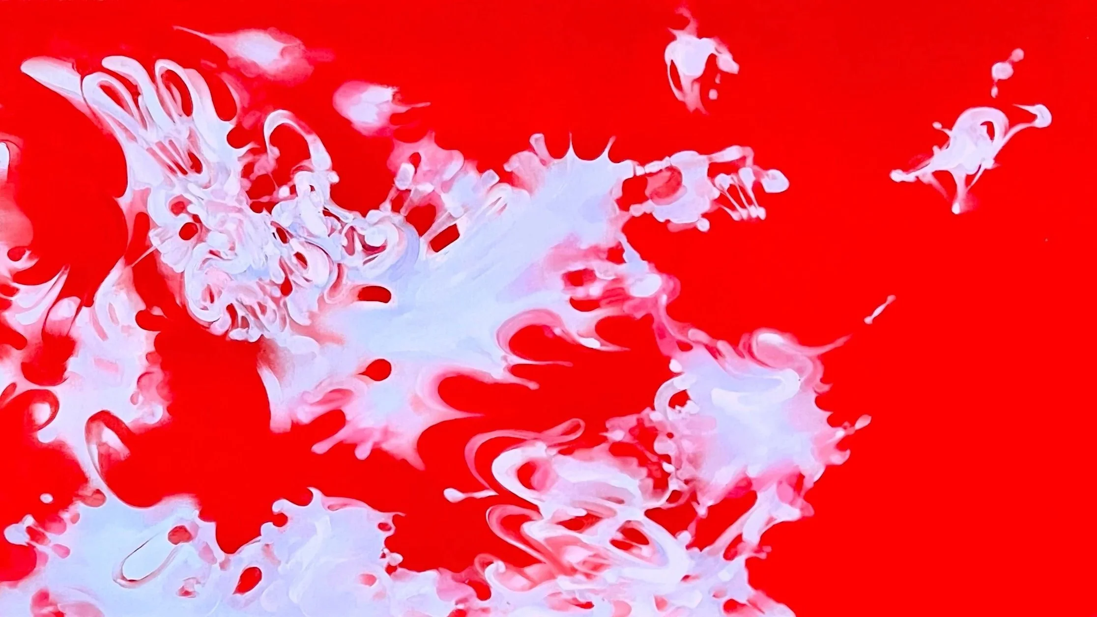 An abstract artwork with a vivid red background and swirling white and light pink patterns.