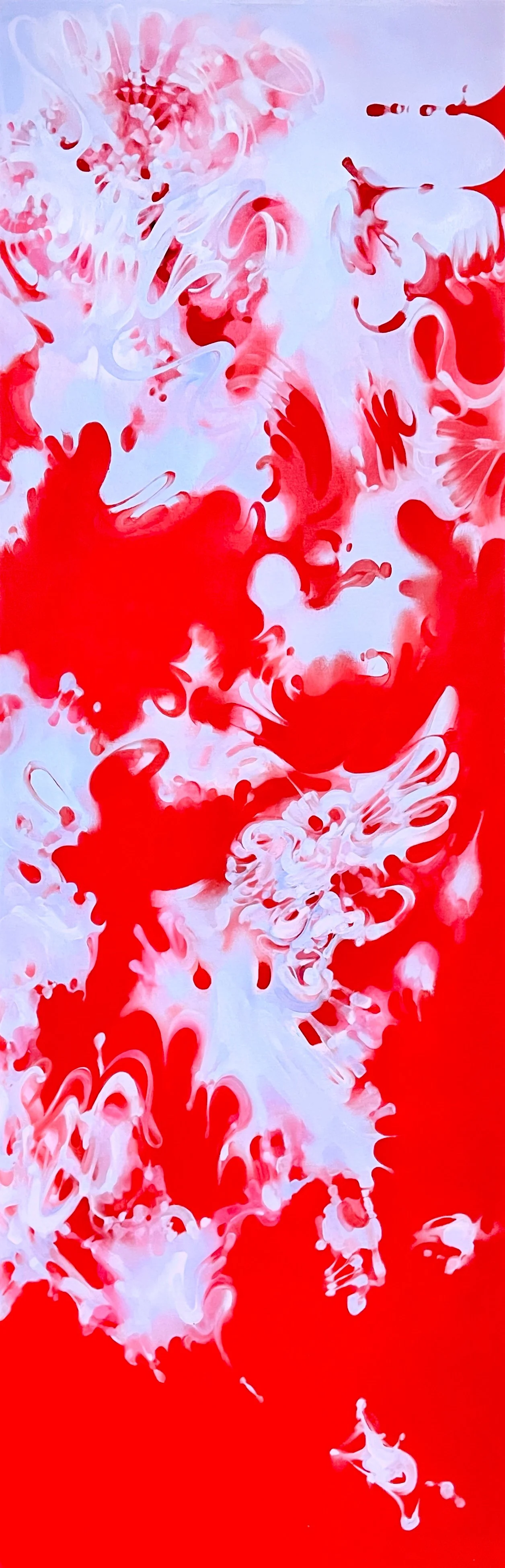 Abstract painting with red and white swirling patterns.