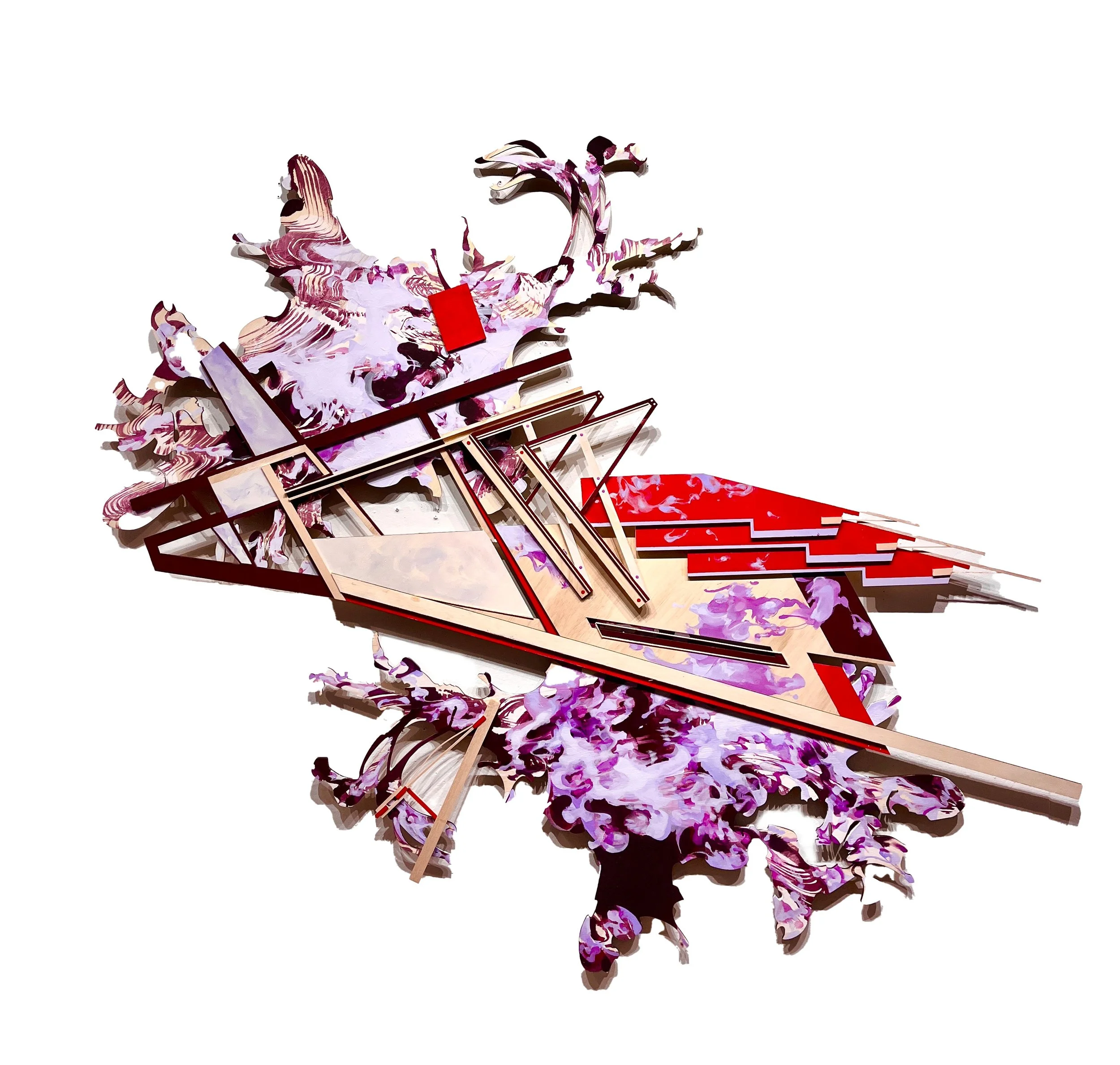 Abstract digital artwork with sharp lines and a color palette of purple, pink, white, black, and red.