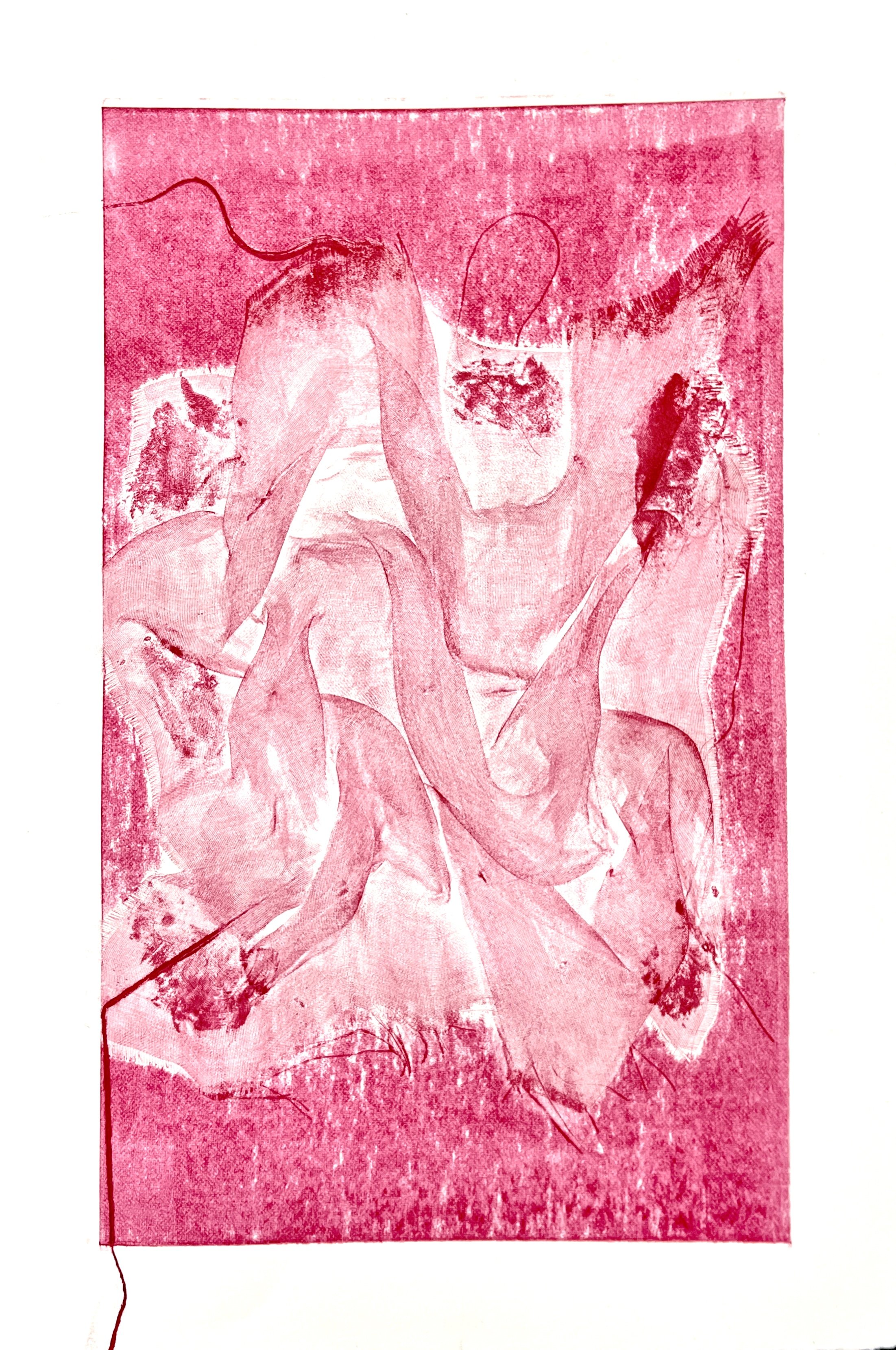 A distorted, sketch-like drawing of a naked woman sitting with her legs crossed, holding a cup, with a background of rough textures and lines.