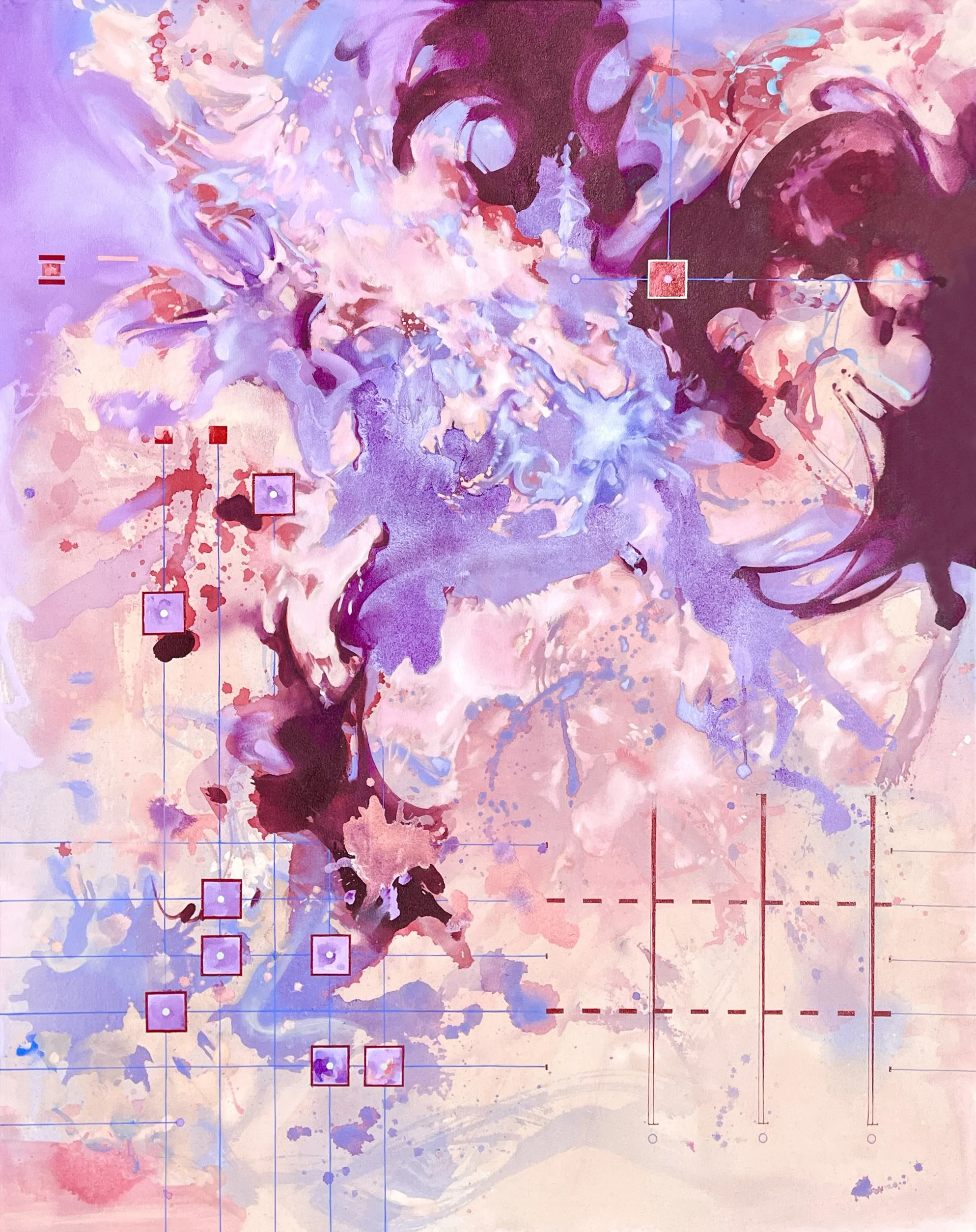 An abstract painting with swirling shades of purple, pink, and blue, overlaid with lines and small boxes outlined in red and purple.