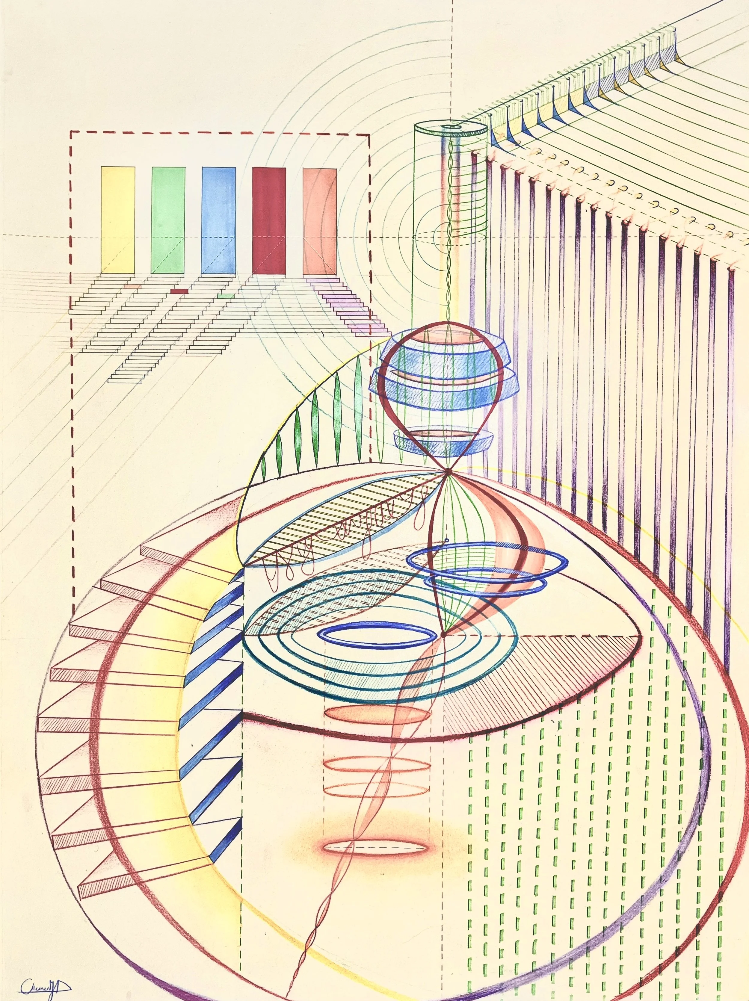 A detailed architectural sketch with colorful, geometric, and spiral elements, including vertical columns, stairs, and circular structures, rendered with multiple colors and fine lines.