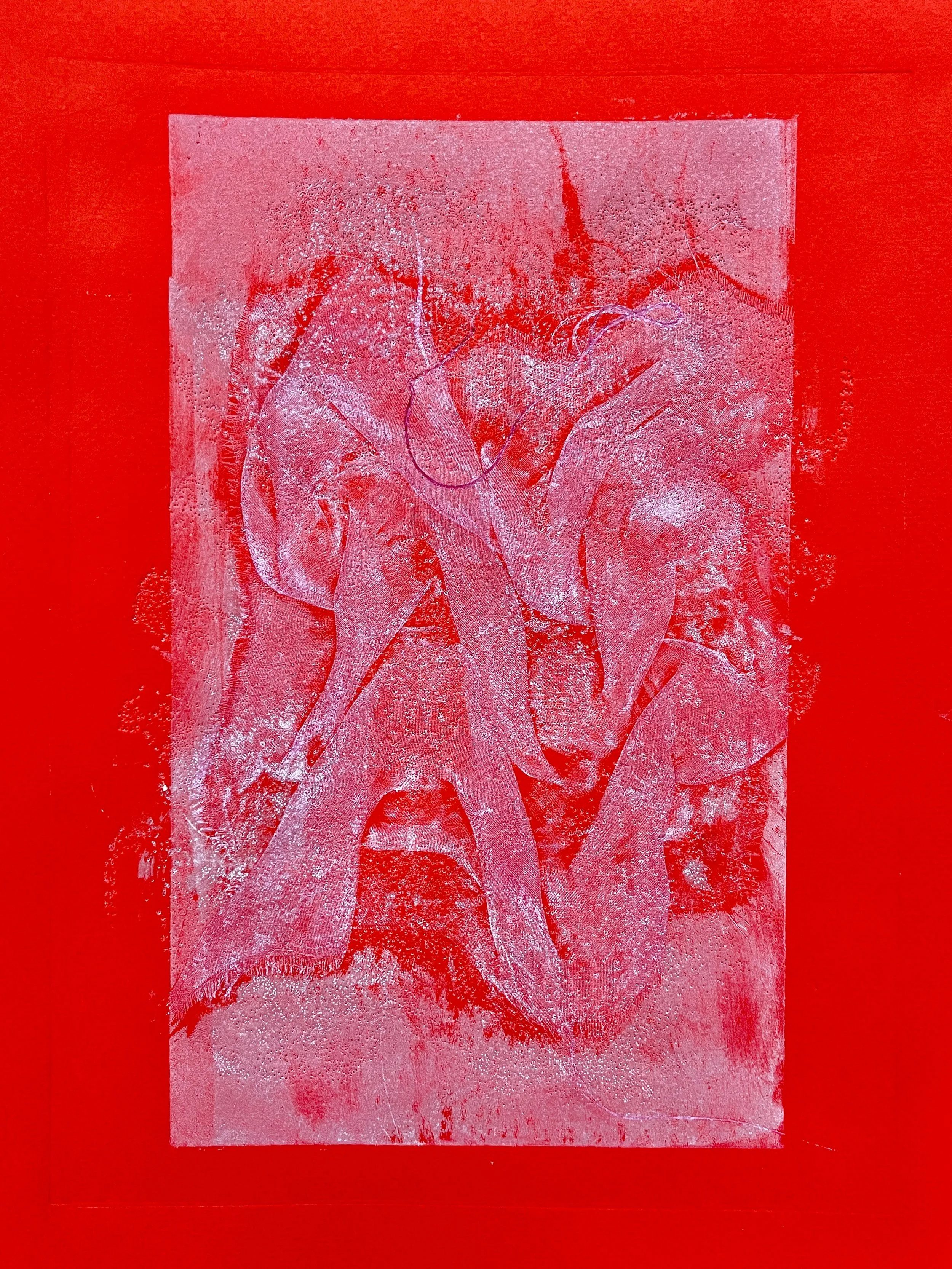 A textured square with abstract red and pink patterns on a red background.