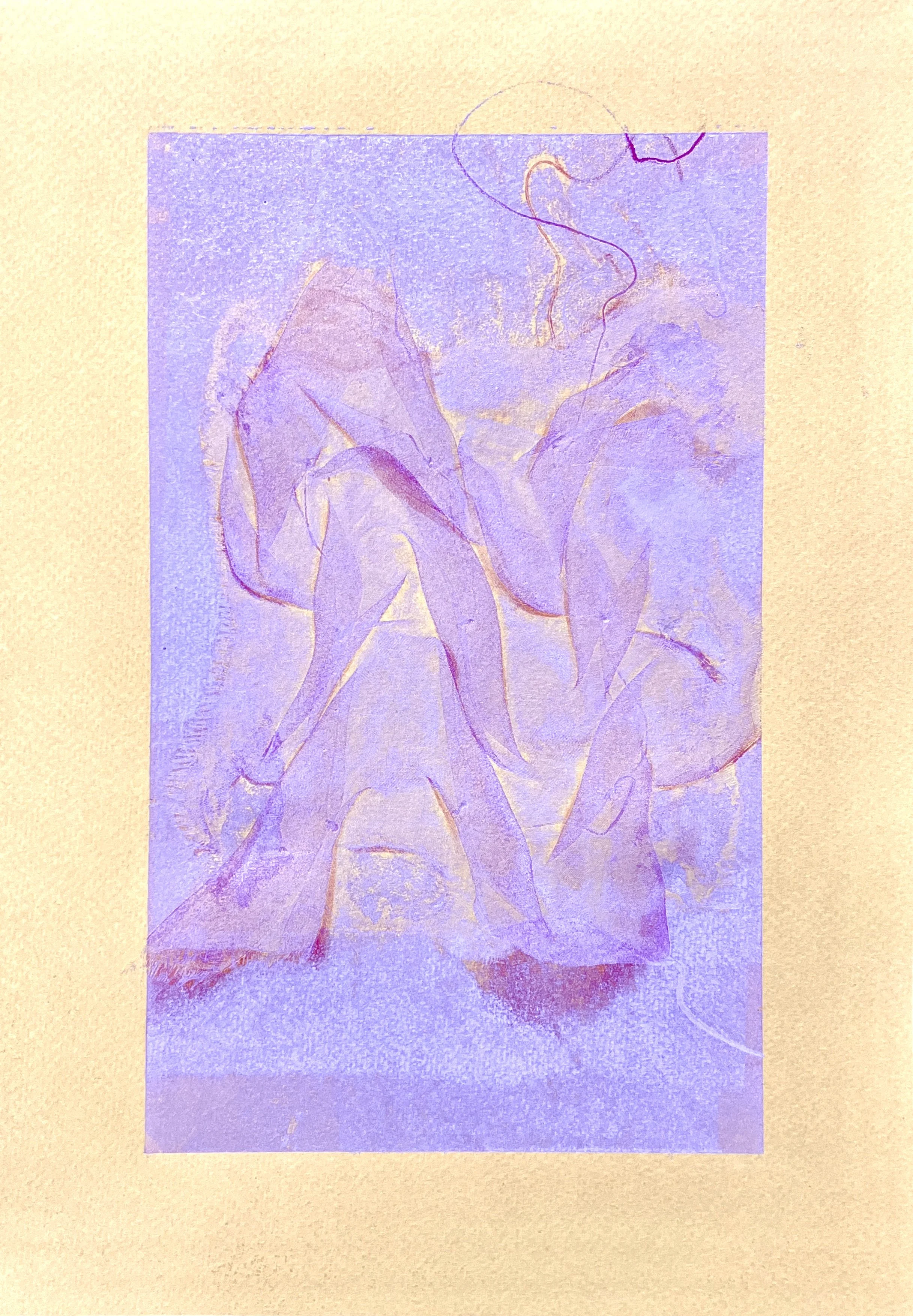 A line drawing of two women in a close embrace, with one woman sitting and the other leaning over her, both with curvy bodies and long hair, sketched with faint, colored lines on a textured background.