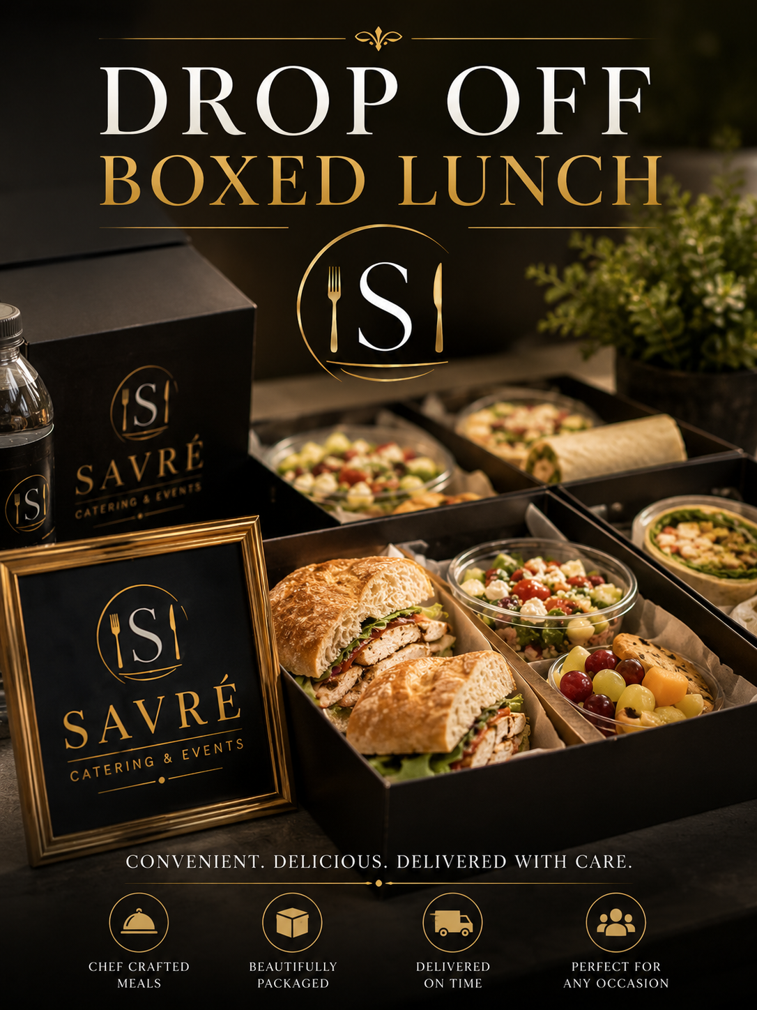 A promotional display for Savré Catering & Events featuring a drop-off boxed lunch with sandwiches, salads, a water bottle, and a sign, all in black and gold color scheme.