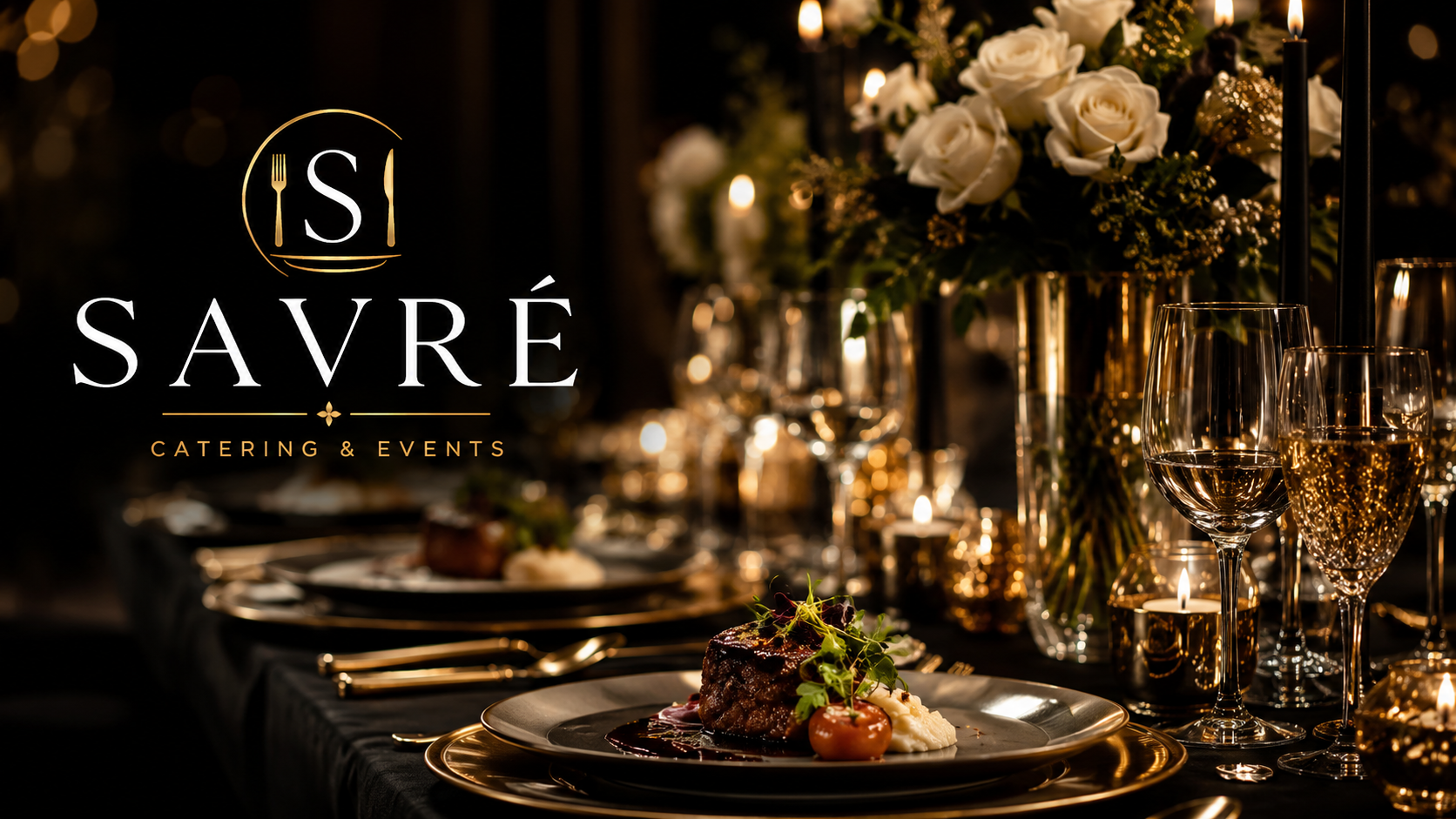 Elegant dining table with white roses, candles, wine glasses, and plated gourmet food at Savré Catering & Events.