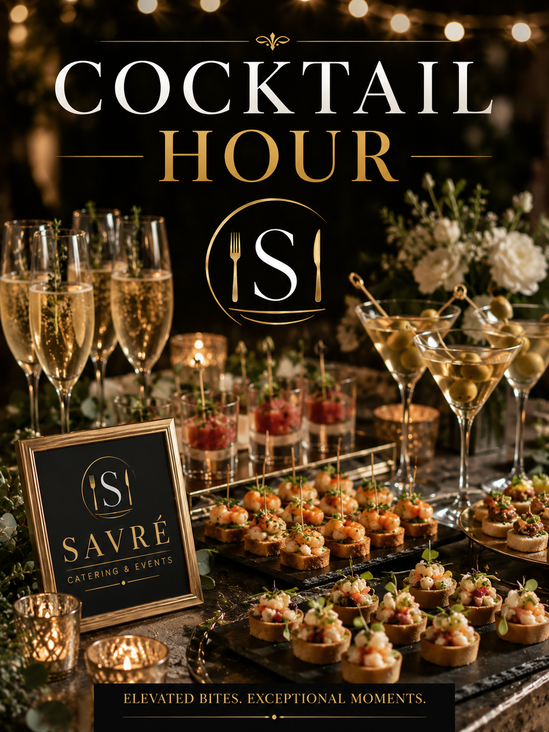 Elegant outdoor cocktail party display with glasses of champagne, martini glasses with olives, assorted canapés, a sign that reads 'Savré Catering & Events,' and ambient string lights.