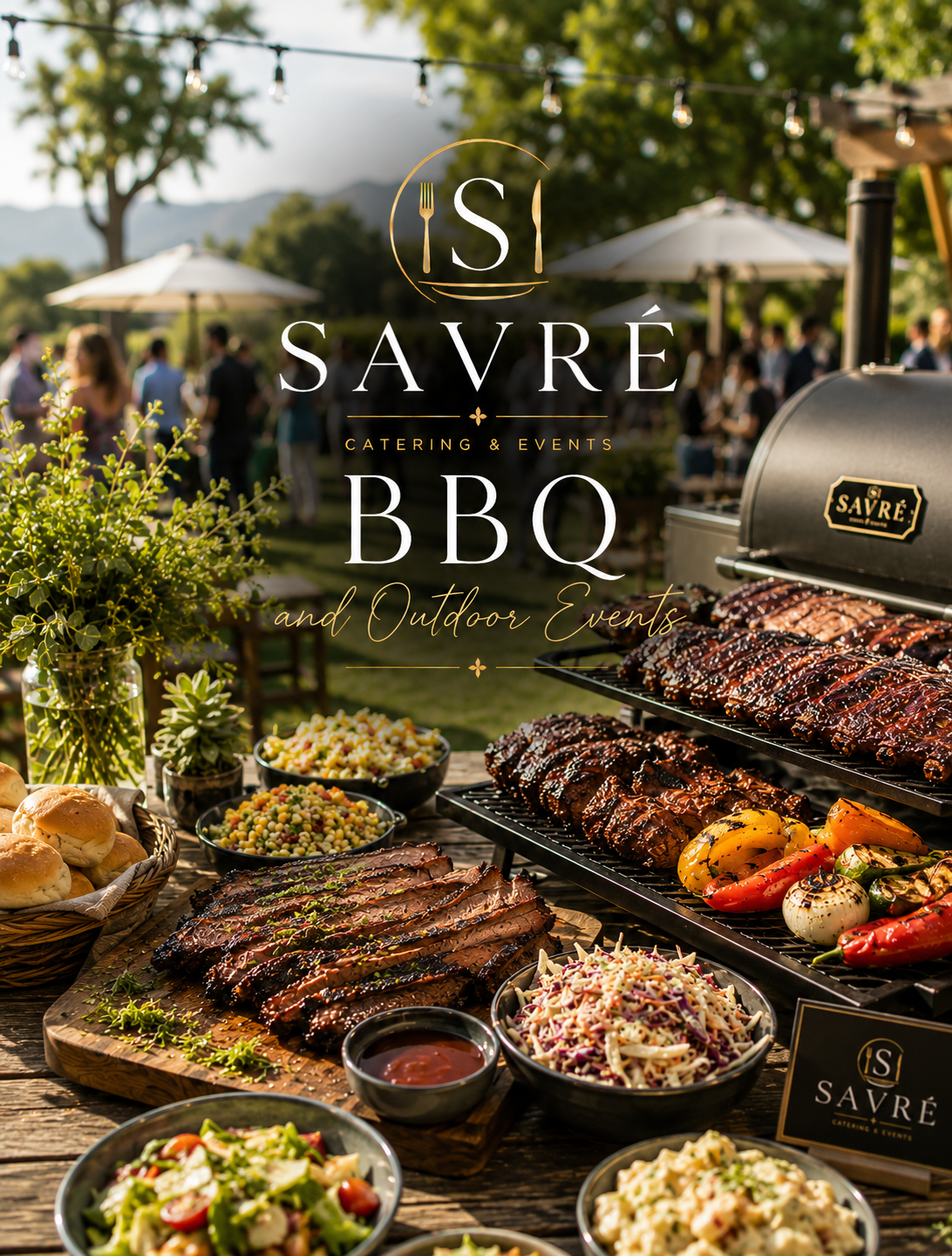 Outdoor BBQ catering setup with grilled meats, salads, vegetables, bread, and drinks at a social event with string lights and umbrellas.