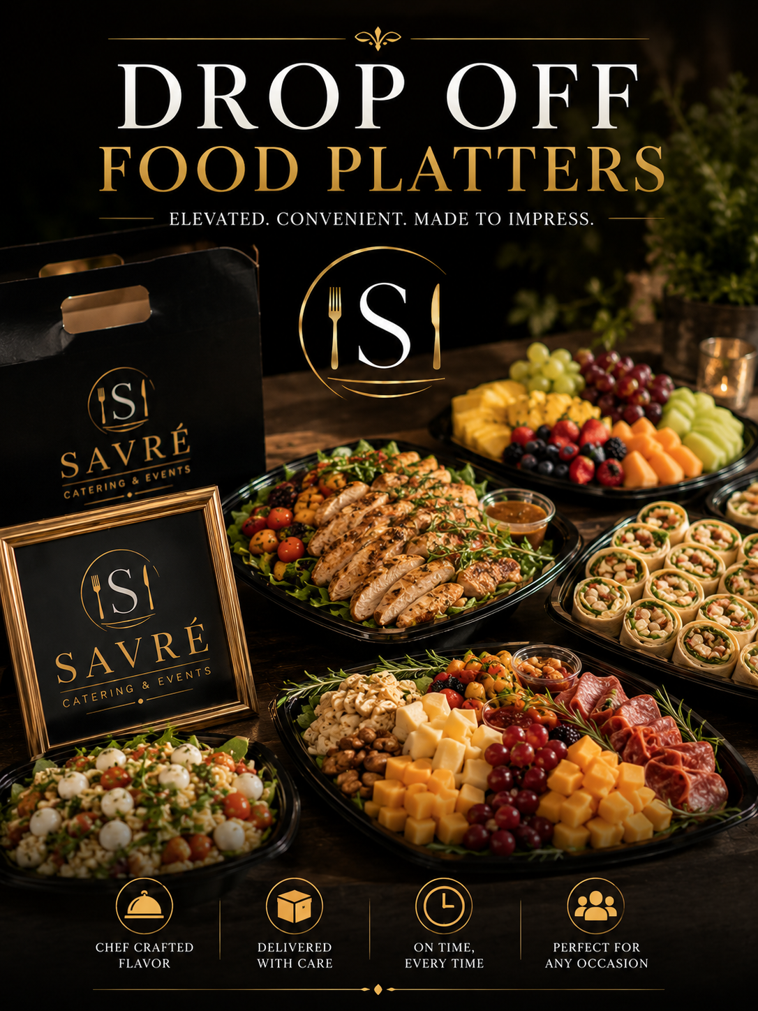 Image advertising catering service with a variety of food platters, including cheese, fruit, meats, and salads, on a dark background. The text says "Drop Off Food Platters" and features the Savré Catering & Events logo, emphasizing convenience, quali